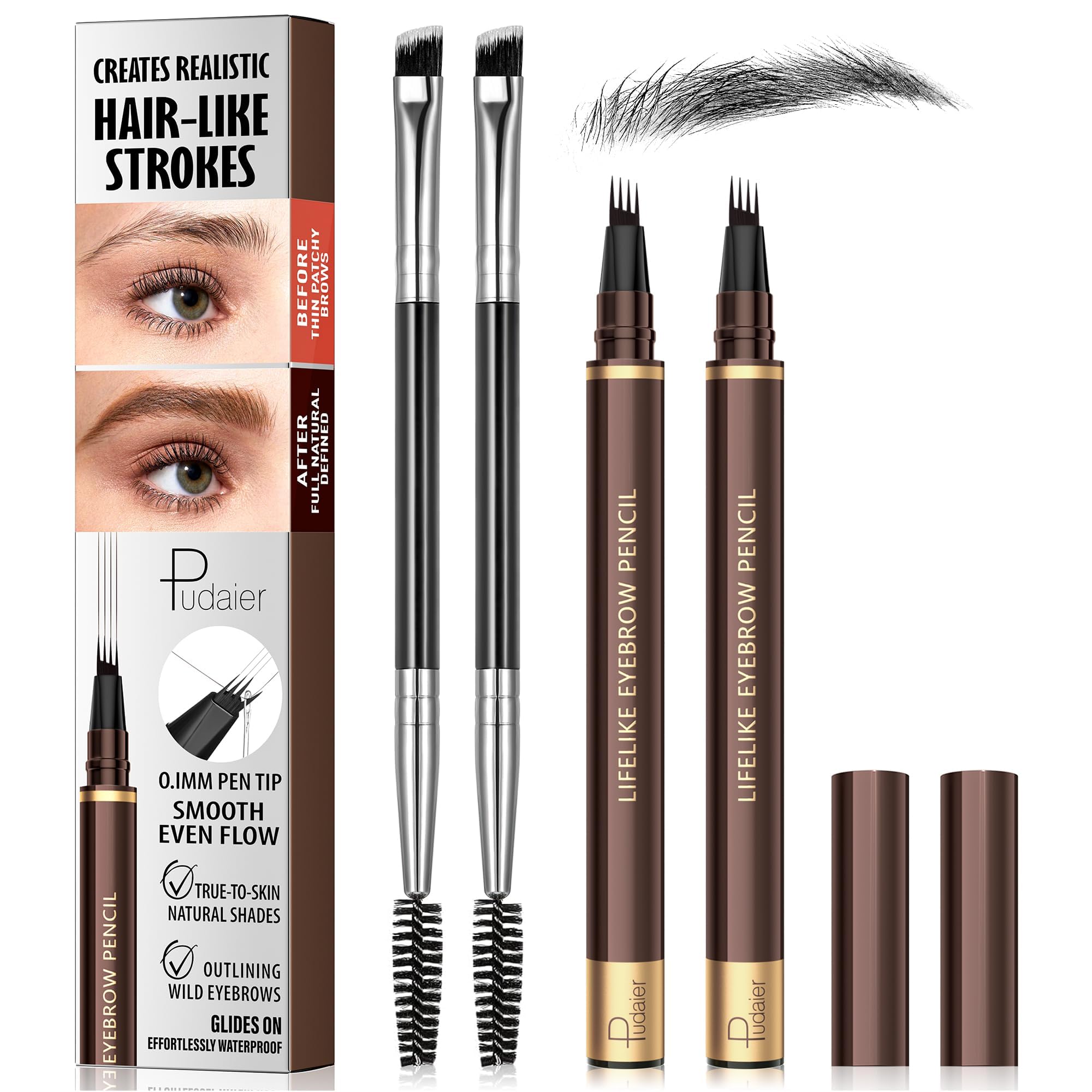 Photo 1 of 2 Pack 4-Tip Microblading Eyebrow Pen with 2 Brow Brushes, Waterproof Vegan Formula Eyebrow Pencils for Women to Effortlessly Create Natural Hair-Like Strokes, All-Day Wear (Black)