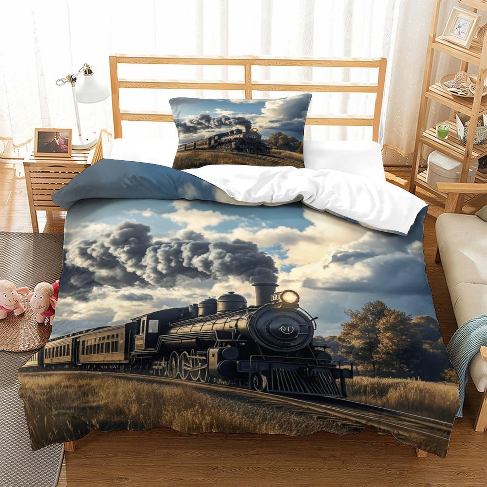 LILIlaobiao Steam Train Bedding Set with Zipper Comforter Cover 3D Printed Choochoo Quilt Cover with Pillowcase Duvet Cover Microfiber for Childrens And Adults Single（135x200cm）