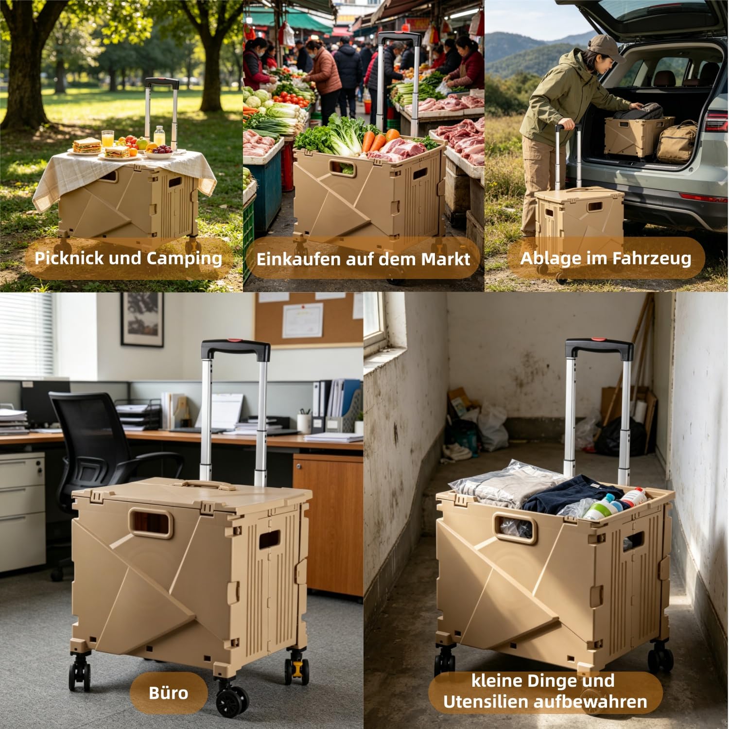Hooha Carrello per la spesa pieghevole con ruote, carrello multiuso con doppie ruote e blocco del freno, contenitore pieghevole, ruote silenziose, ideale per insegnanti, giardino e attrezzi
