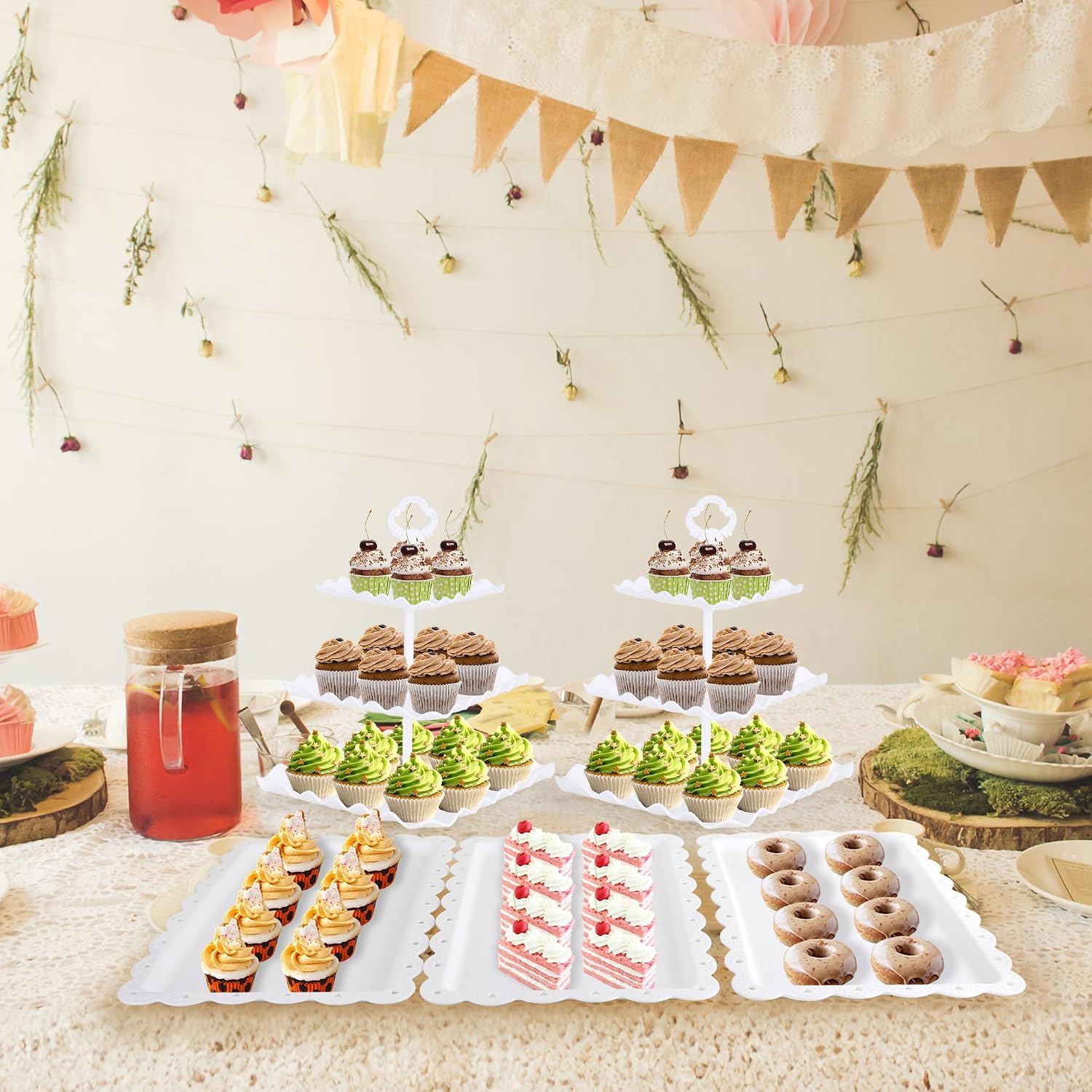 6 Pcs Dessert Table Display Set - 2 X Cupcake Stand Holder/Cup Cake Tier Tower & 4 X Serving Tray Combo for Tea Party, Birthday, Baby Shower (Square Pure White) image 5
