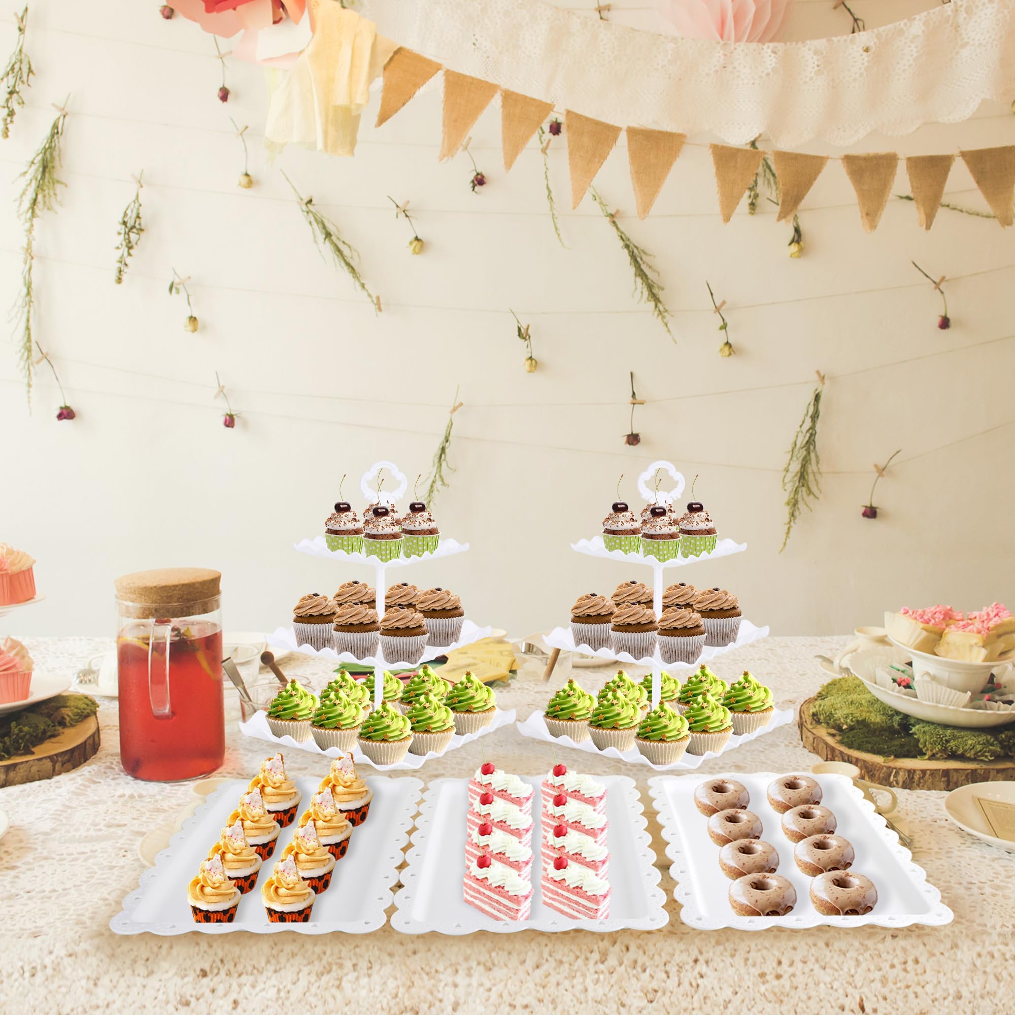 Juego de mesa de postre de 6 piezas, 2 soportes para magdalenas/torre de nivel para tartas y 4 bandejas de servir para fiestas de té, cumpleaños, baby shower (cuadrado blanco puro)