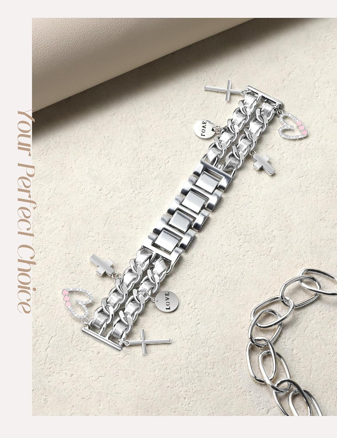 Silver Metal Band with Charms Women 20mm Adjustable Double Chain Watch Strap Compatible with Samsung Galaxy Watch 7/6/5/4/Active 2/4 6 Classic/5 Pro/FE 40mm 42mm 43mm 44mm 45mm 46mm 47mm - Image 5