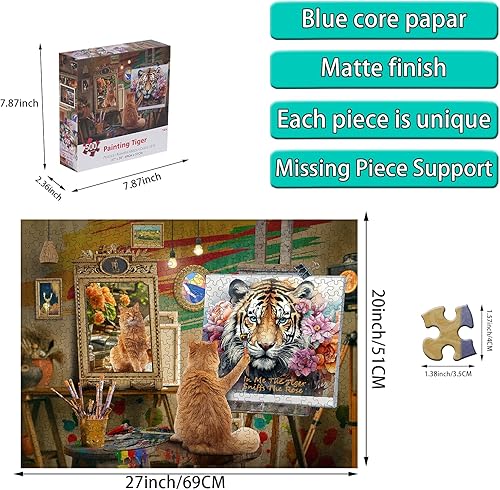Miniatura 2 de Rompecabezas de 500 piezas para adultos, rompecabezas grande de 27 x 20 pulgadas, pintura de animales, gatos, tigre, fiesta familiar, vacaciones,