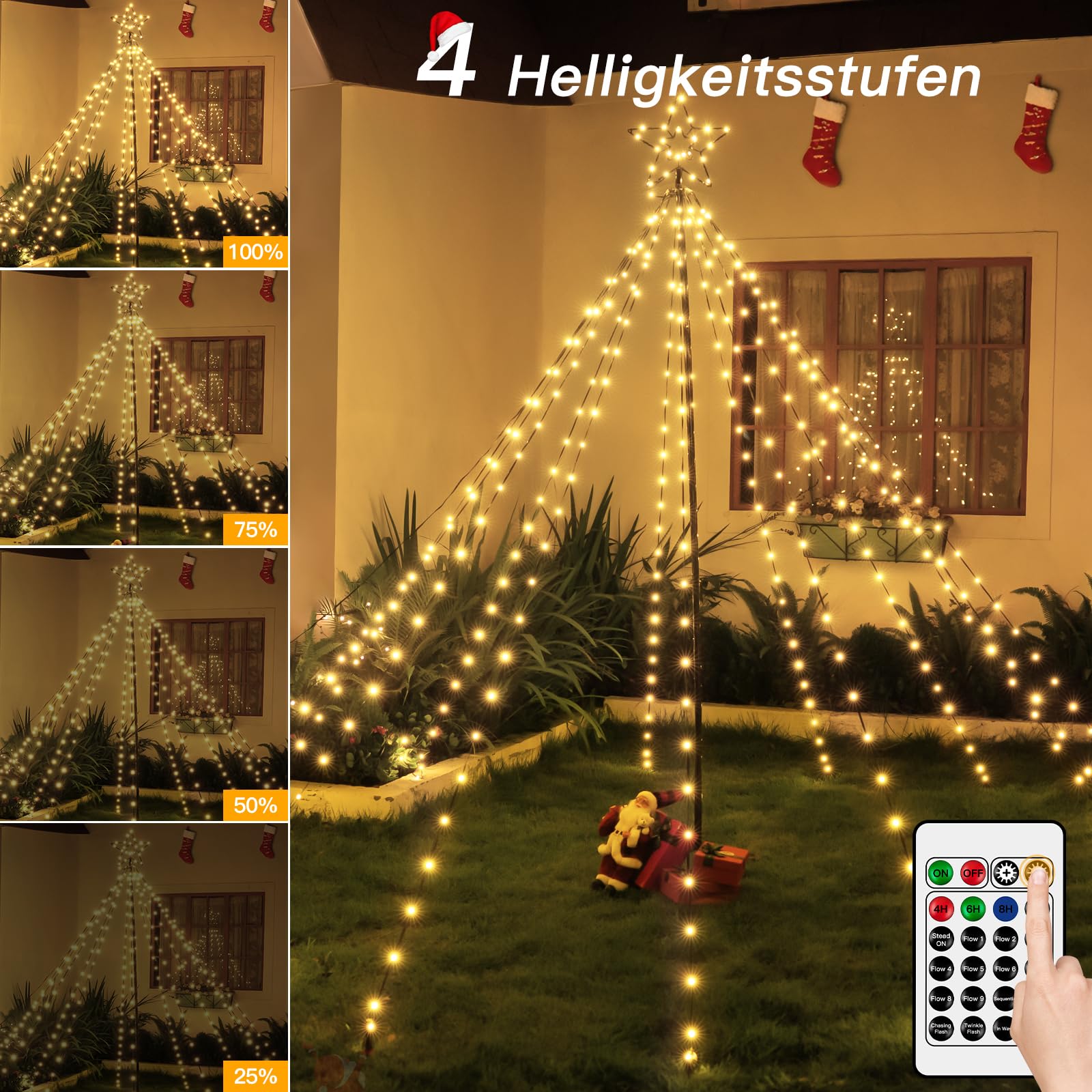 Christbaumbeleuchtung mit Ring und Sterne, 340 LEDs Lichterkette Weihnachtsbaum Warmweiß mit Fernbedienung, 8 Modi dimmbar, Timer, Weihnachtsbeleuchtung Außen für Garten, Rasen und Außenbereich