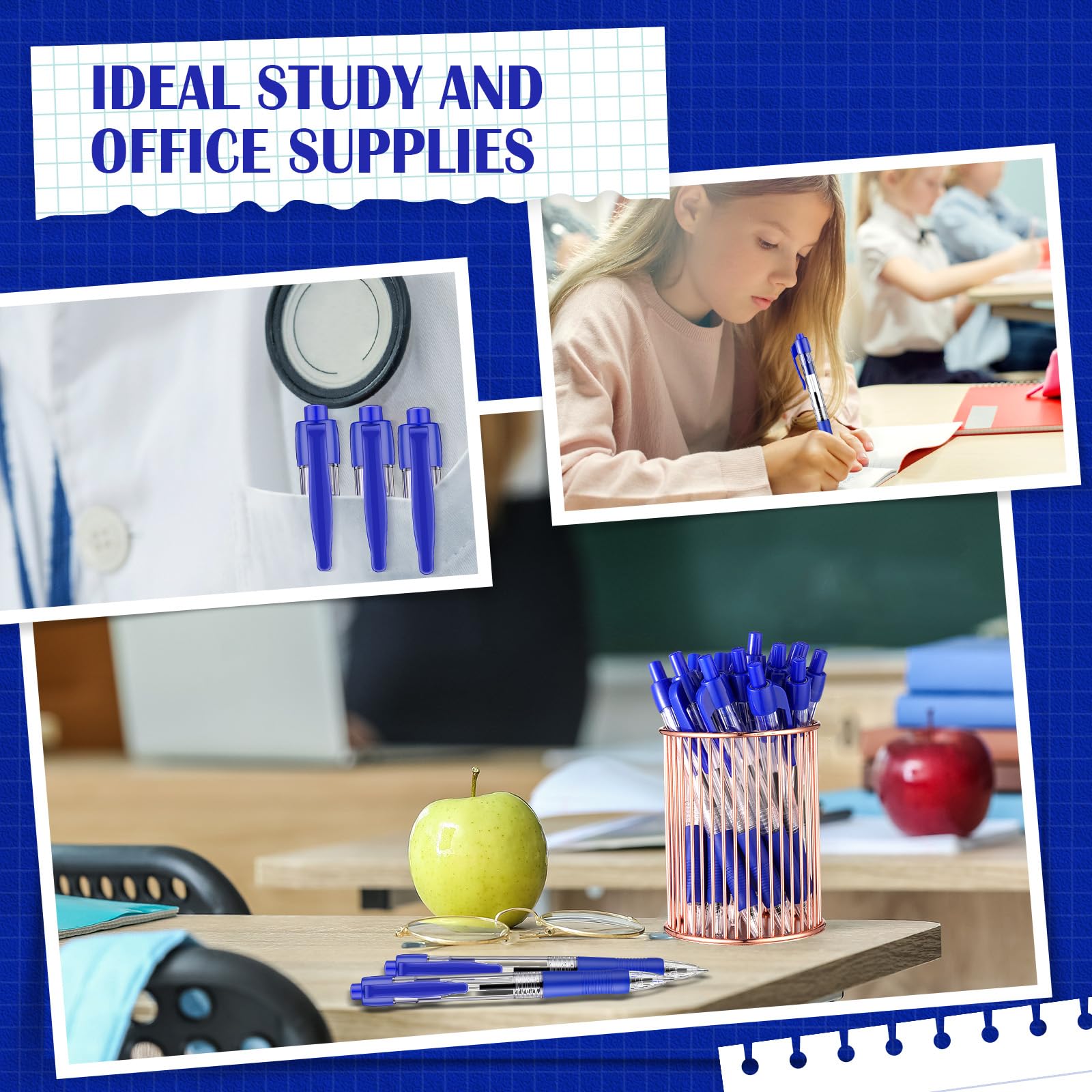 Fulmoon 100 bolígrafos de tinta retráctiles, punta media de 1,0 mm, bolígrafos de escritura suave, bolígrafos de clic para escribir diarios, escuela, oficina, hogar (tinta azul)