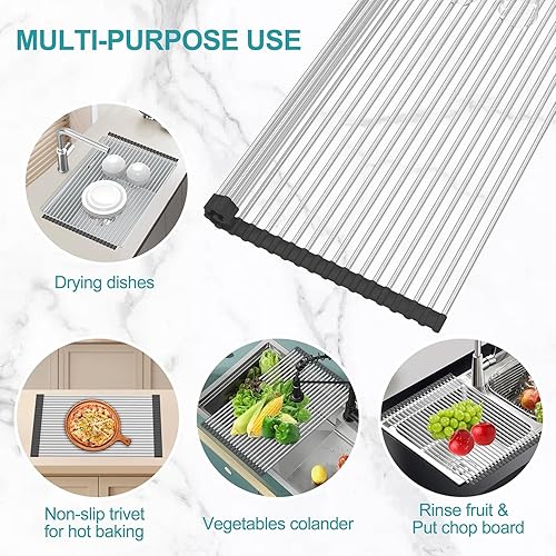 Miniatura 5 de BBXTYLY Escurridor de platos enrollable extra grande, para secar sobre el fregadero, accesorios para fregadero de cocina, escurridor de acero