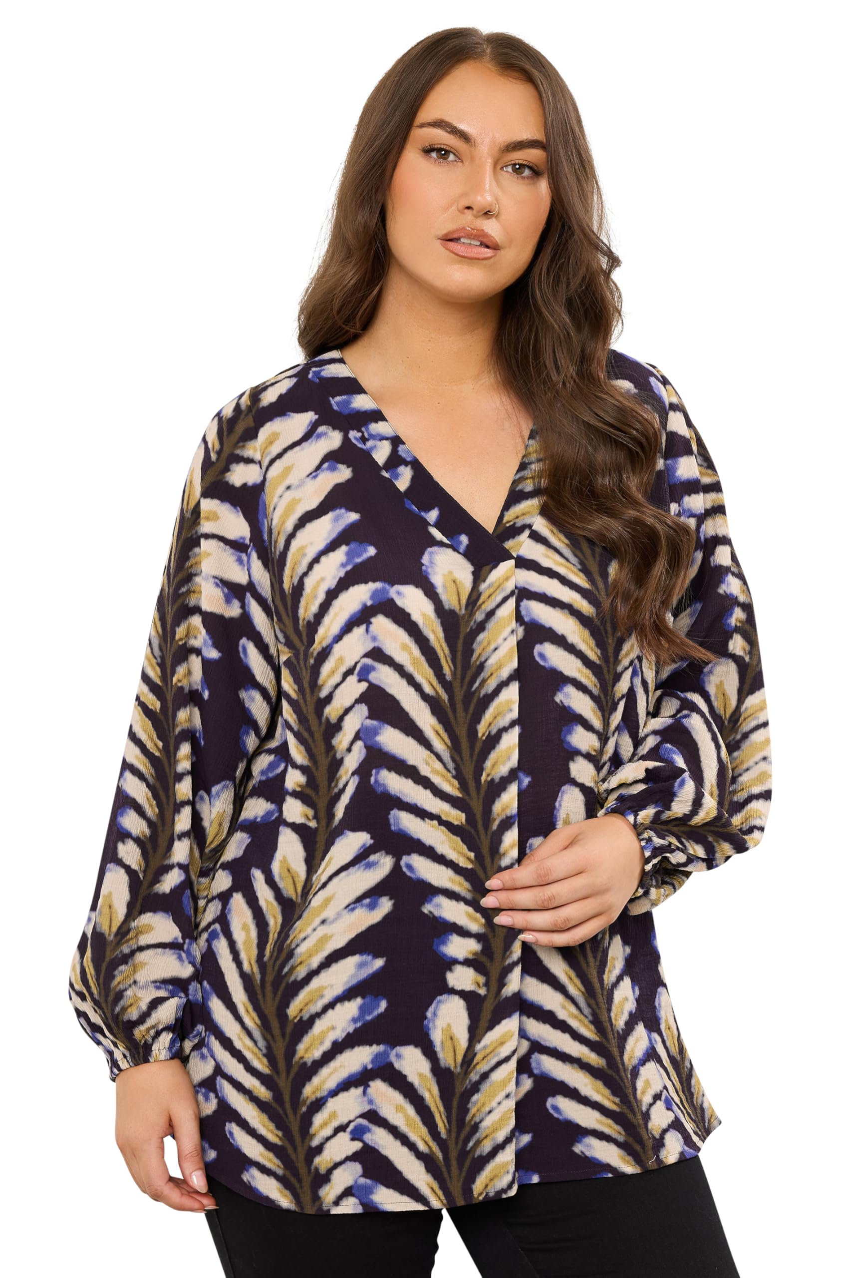 Evans Women's Blue Curve Midnight Leaf Print Pleat Front Blouse - Plus Size Curve