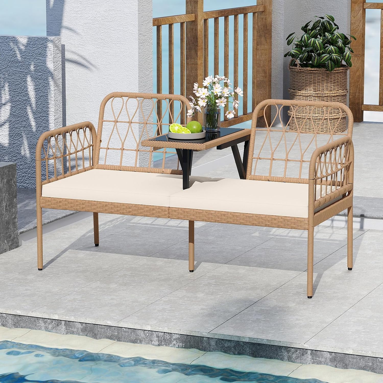 Tangkula Outdoor Loveseat with Built-in Coffee Table, Patio Wicker Conversation Sofa for 2 with Padded Cushion, for Lawn, Garden and Backyard (Off White)