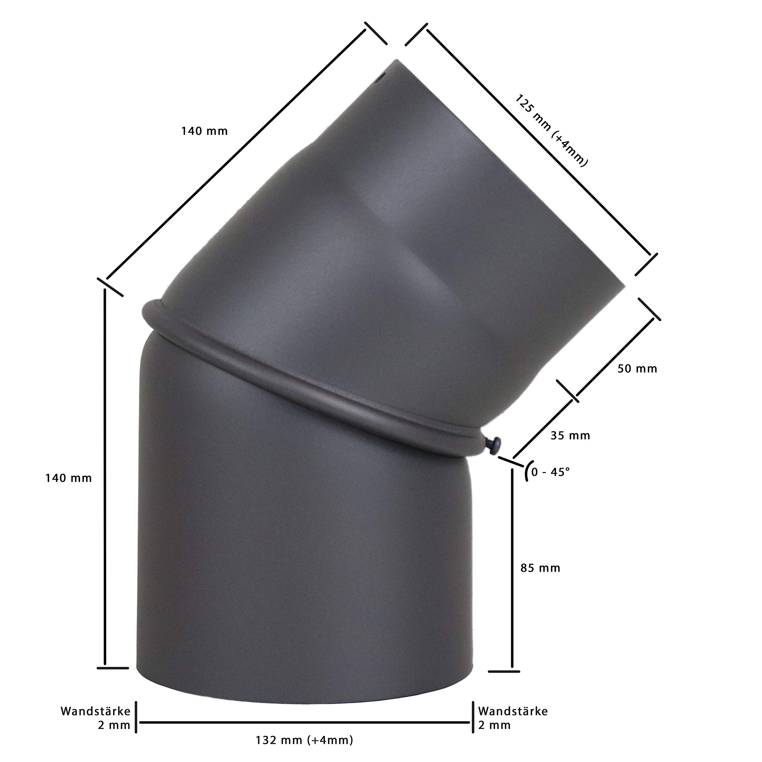 LANZZAS Tubo per fumo ad arco 0° – 45° regolabile – diametro 130 mm – Colore: grigio ghisa – tubo stufa/gomito