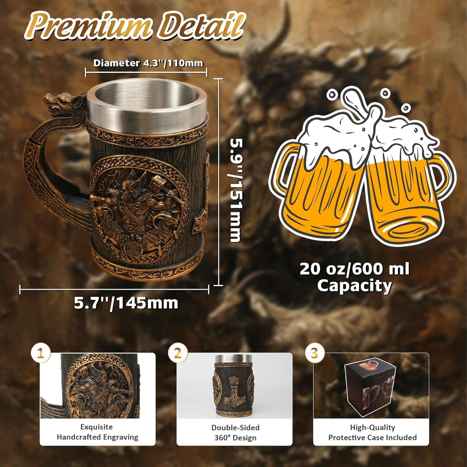 Original Handmade Viking Runes Mug - 20oz Thor Hammer Mjolnir Beer Tankard - 304 Stainless Steel Medieval Celtic Pirate Heavy Viking Cup - Novelty Norse Mythology Decor - Gift for Men Women - Image 3