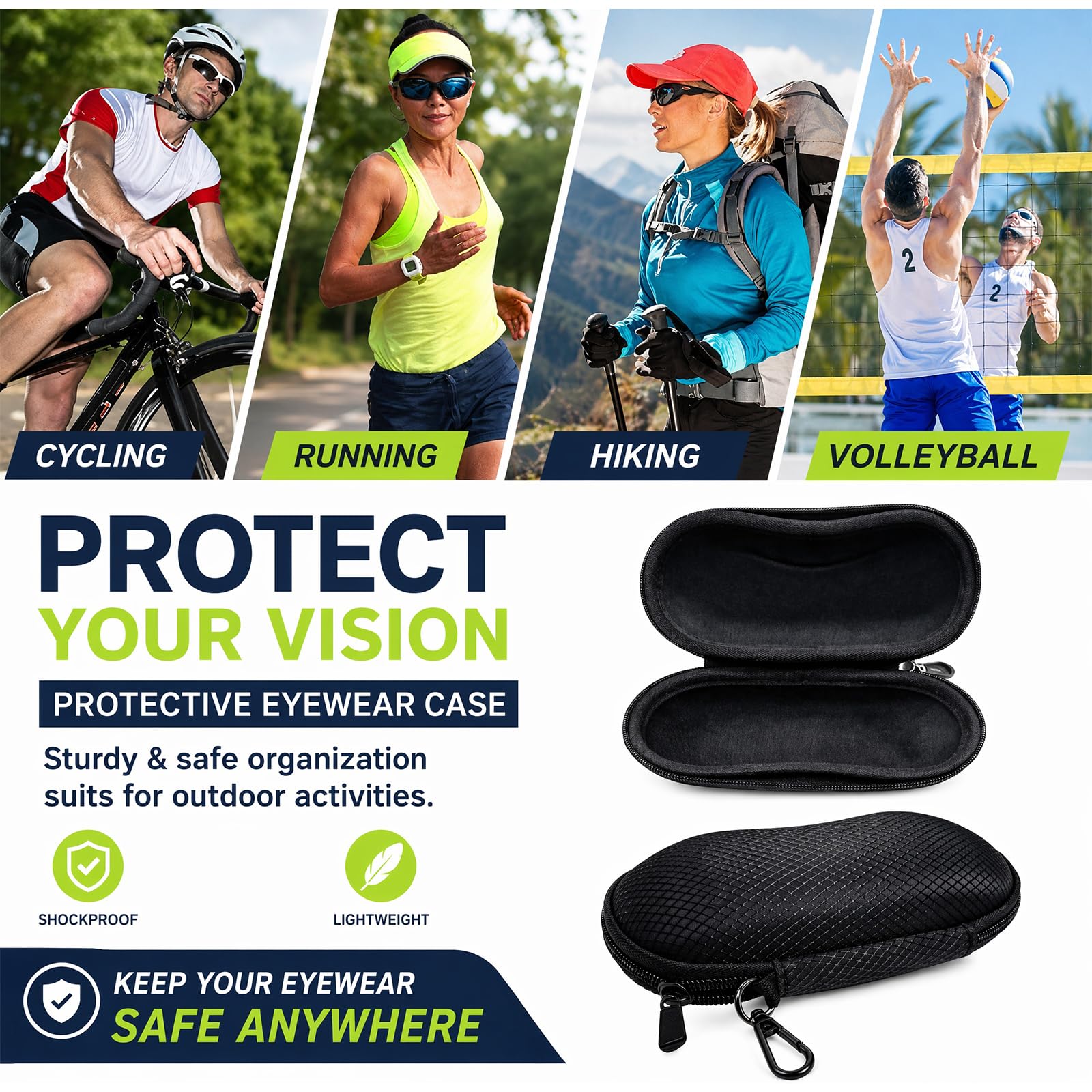 Funda rígida portátil para gafas con gancho de mosquetón para gafas de sol