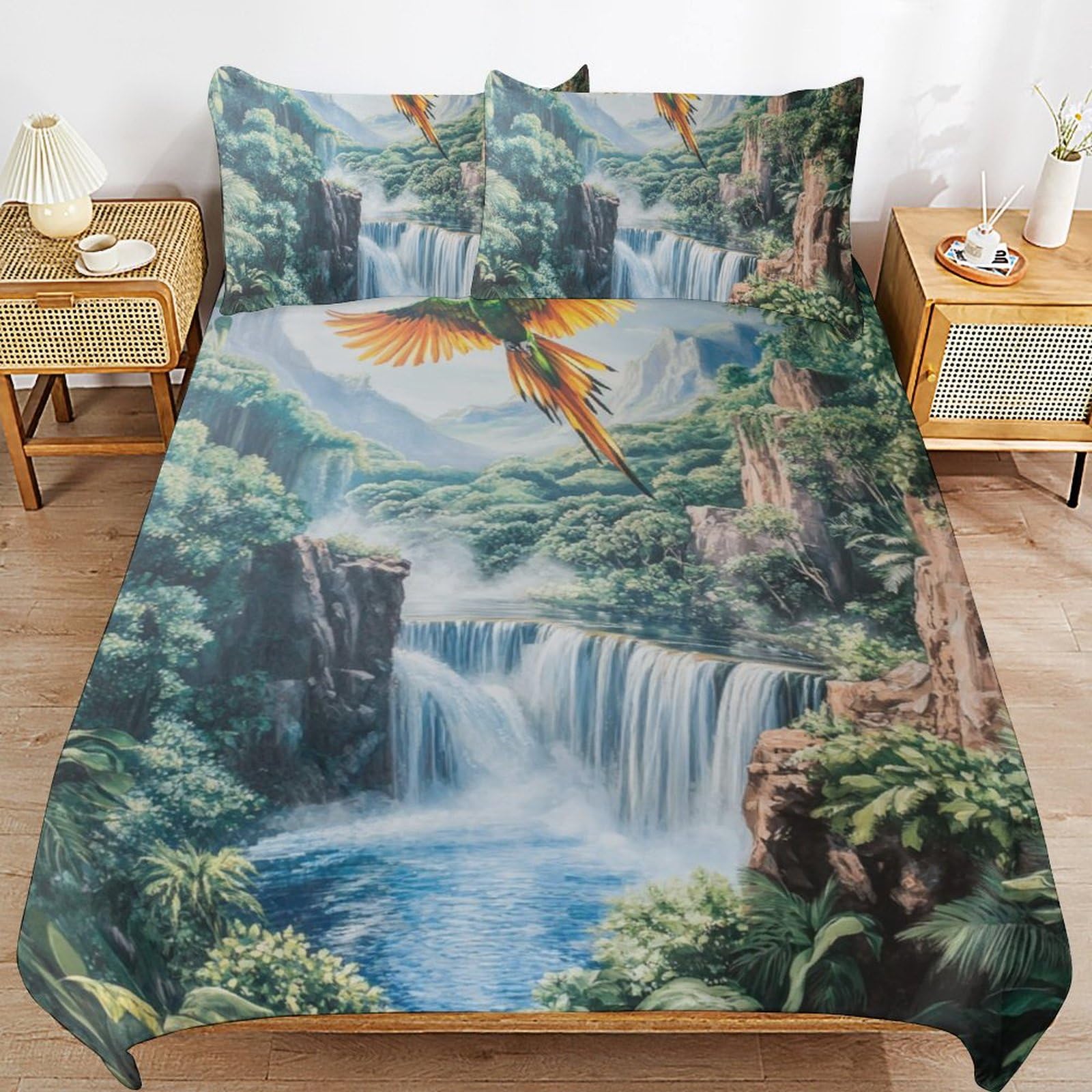Juego de ropa de cama de 220 x 240 cm con diseño tropical y fundas de almohada