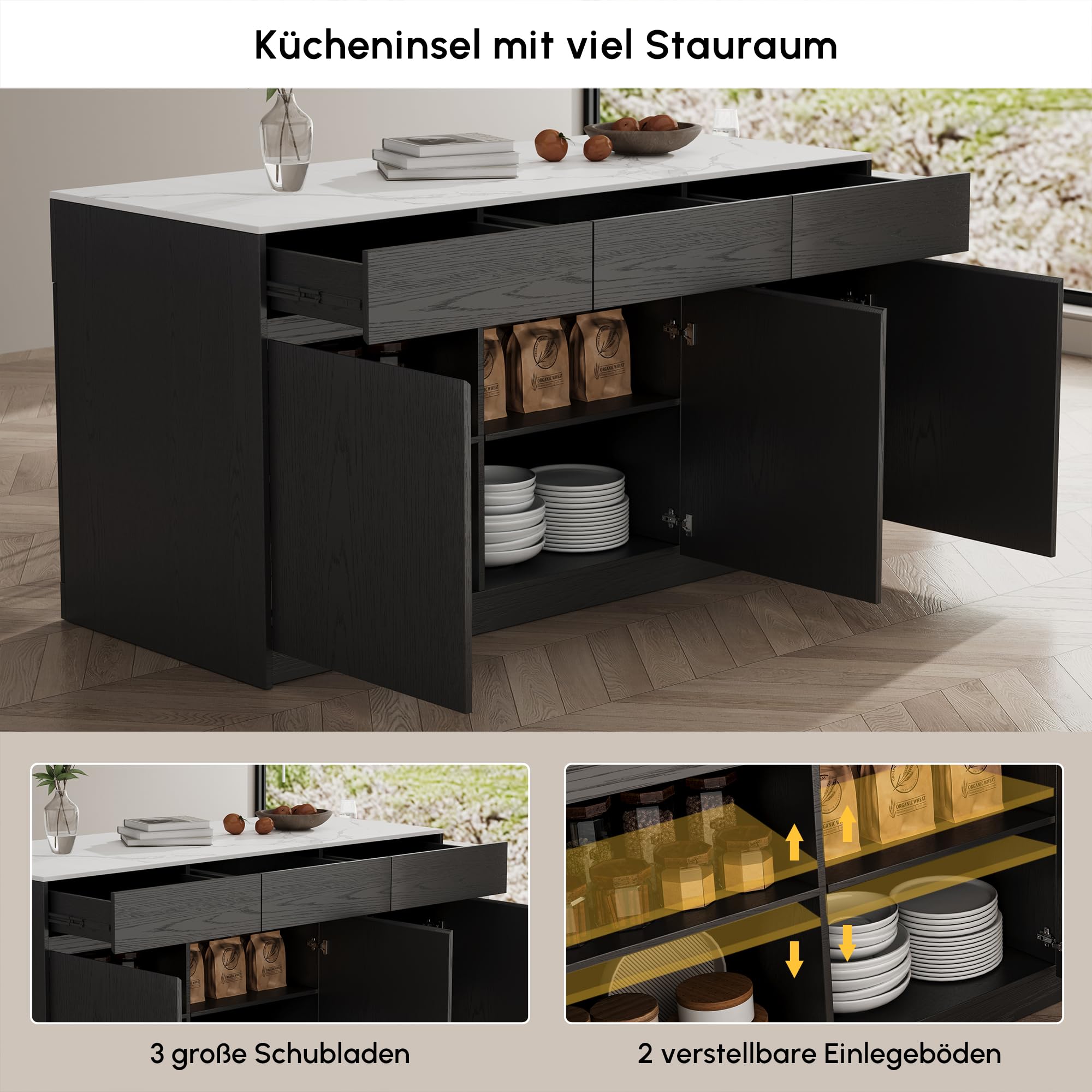 Homary Ausziehbarer Kücheninsel Freistehend Schwarze mit Stauraum und Sinterstein Arbeitsplatte, Umwandelbarer Esstisch für Küche und Esszimmer, 205-268cm x 90cm