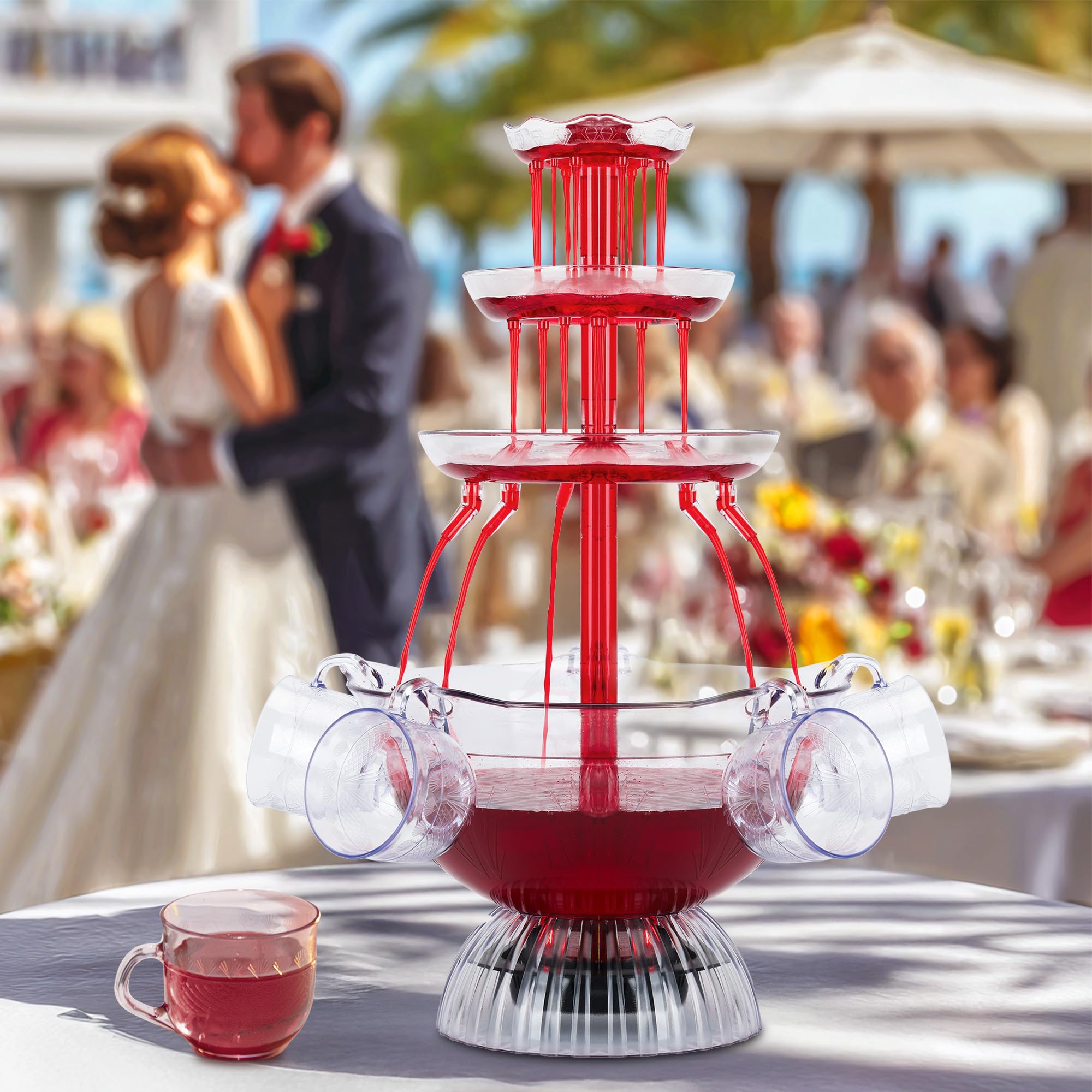 Fontaine à Vin Rouge 3 Niveaux Électrique avec 5 Tasses et Éclairage LED pour Fêtes