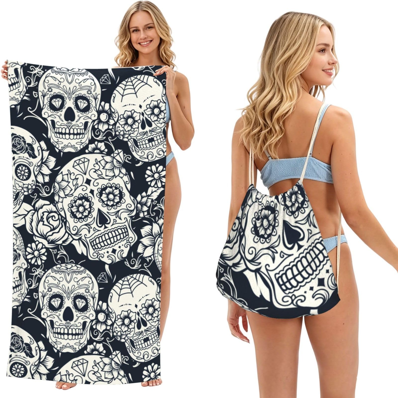 WSHFFILO Floral Skull printed 2 in 1 Packable Towel Bag Bath Towel Beach Towel