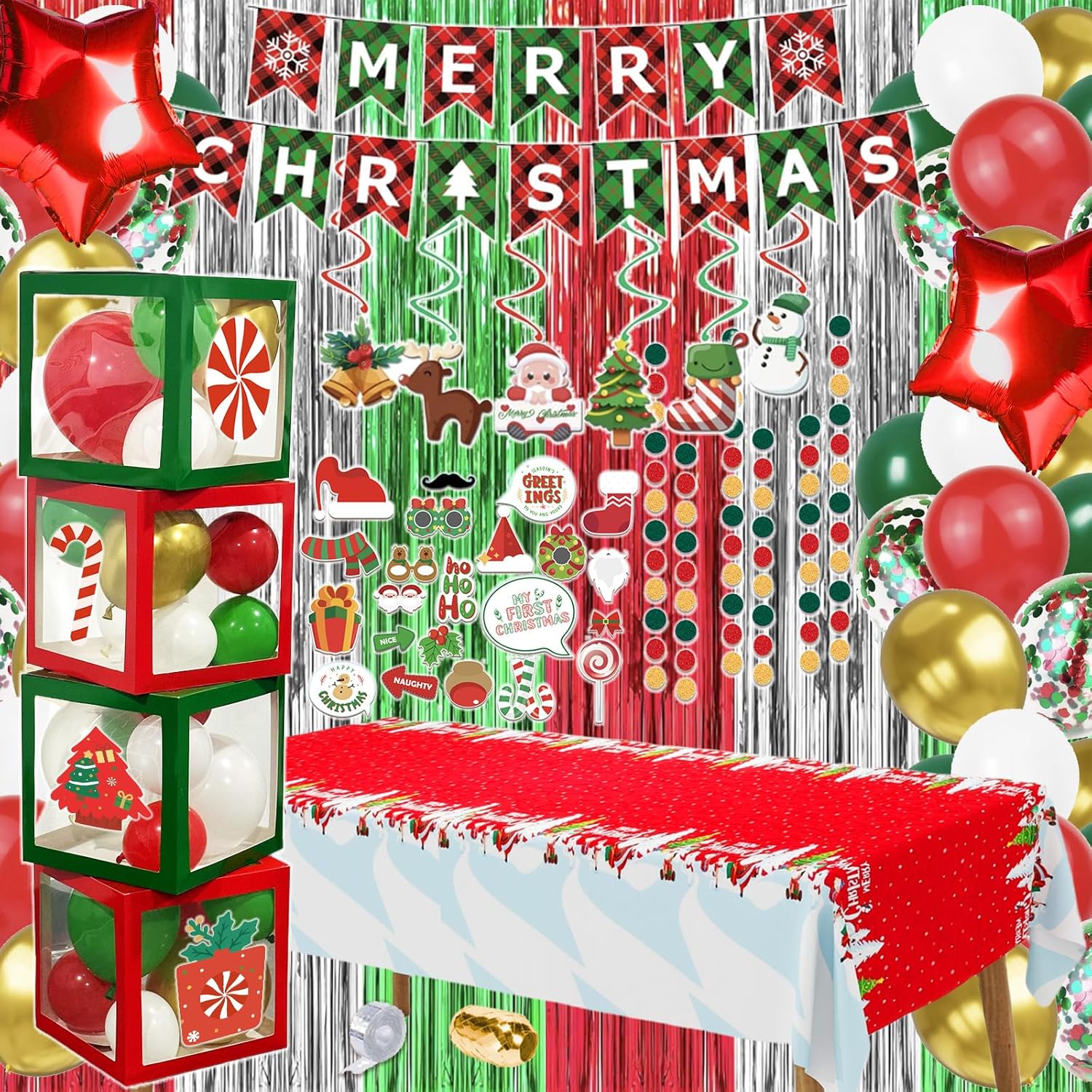 134 Pcs Christmas Decorations Indoor, Christmas Party Supplies – “MERRY CHRISTMAS” Banner, Photo Prop, Balloon Party Kit, Hanging Swirl, Fringe Curtain 134 Pcs Christmas Decorations Indoor, Christmas Party Supplies – “MERRY CHRISTMAS” Banner, Photo Prop, Balloon Party Kit, Hanging Swirl, Fringe Curtain