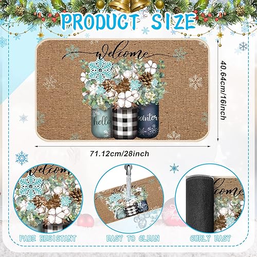 Miniatura 3 de Timgle Tapetes de Navidad para puerta de invierno, antideslizantes, tapetes de bienvenida para interiores y exteriores, conos de pino, copos de