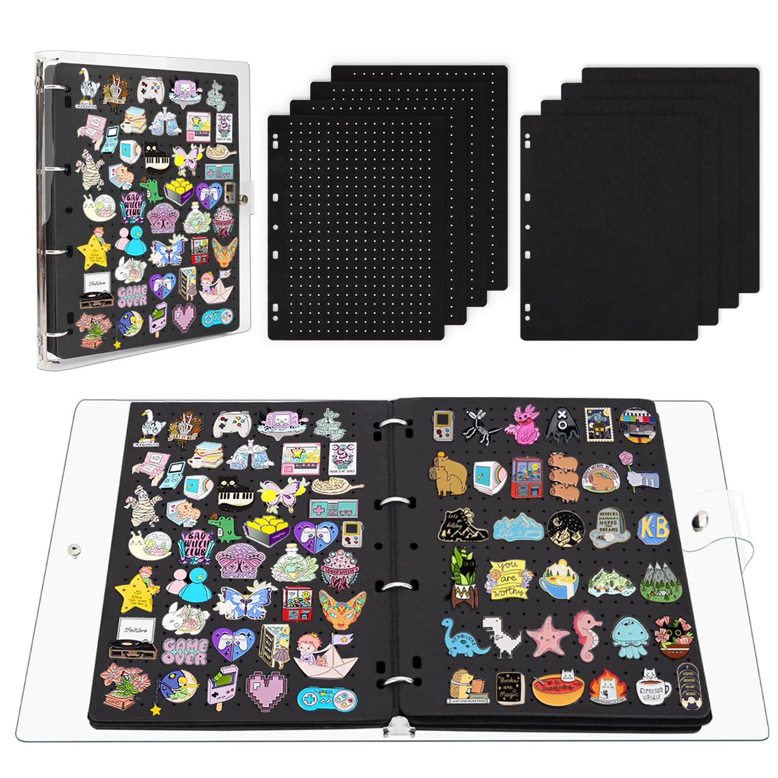 A4 Enamel Pin Display Book With 8 Flip-Pages (4 Holes Felt, 4 Thin Felt), Clear PVC Cover, Hold up to 320 Pins Large Capacity Creative Collection, Portable Trading Book