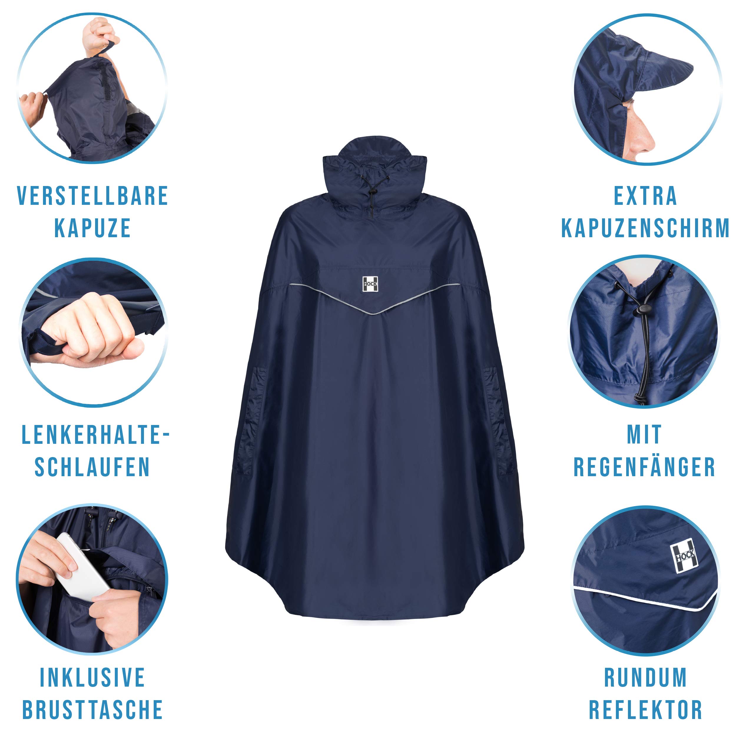 HOCK Poncho de lluvia para bicicleta 'Rain Light' con capucha y apertura lateral de los brazos, capa de lluvia extra ligera para hombre y mujer – Poncho de bicicleta 100,0% impermeable, incluye correa