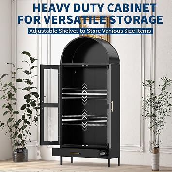 73 Tall Arched Storage Cabinet, Arched Metal Display Cabinet with Glass Doors, 2 Adjustable Shelves & Drawer, Modern Farmhouse Bookcase, Versatile Pantry Cabinets for Living/Dinning Room, Black