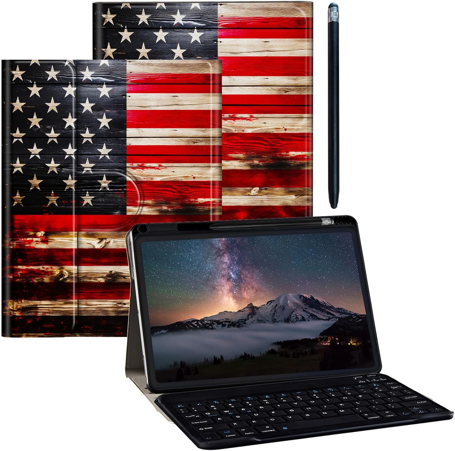 for iPad 9.7 Case 6th/5th Generation Case for iPad Air/Air 2 Case with Detachable Wireless Keyboard & 360 Degree Rotating Stand Protect Cover Acrylic Tablet Case Cover - Wood American Flag