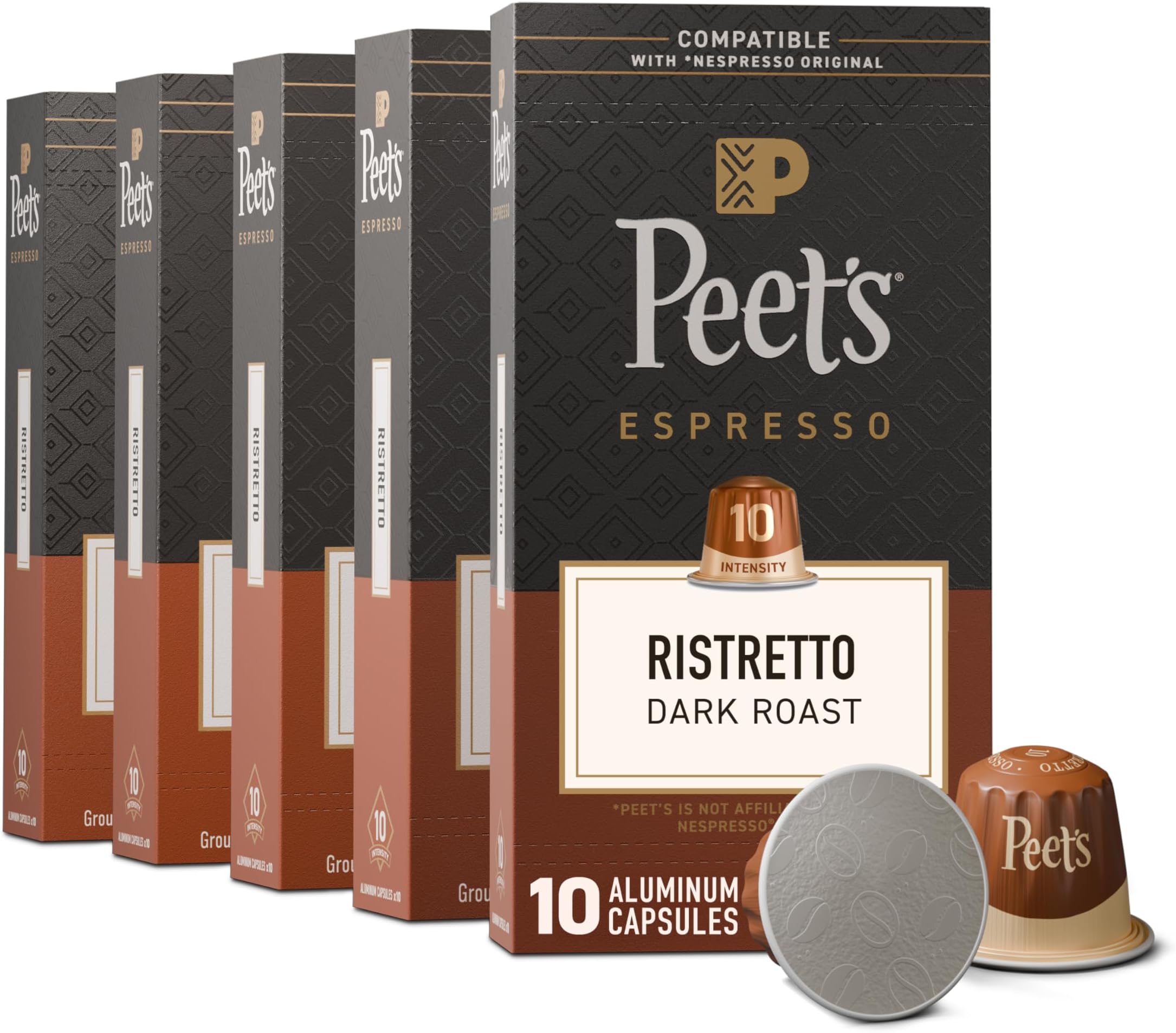 - Peet's Coffee, Dark Roast Espresso Capsules, Compatible with Nespresso Original Machine, 100% Arabica Coffee - Ristretto Intensity 10, 50 Count (5 Boxes of 10 Espresso Capsules)