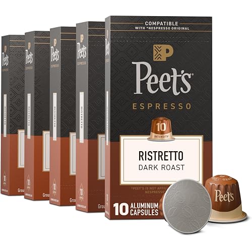 Peet's Coffee, Dark Roast Espresso Capsules, Compatible with Nespresso Original Machine, 100% Arabica Coffee - Ristretto Intensity 10, 50 Count (5 Boxes of 10 Espresso Capsules)