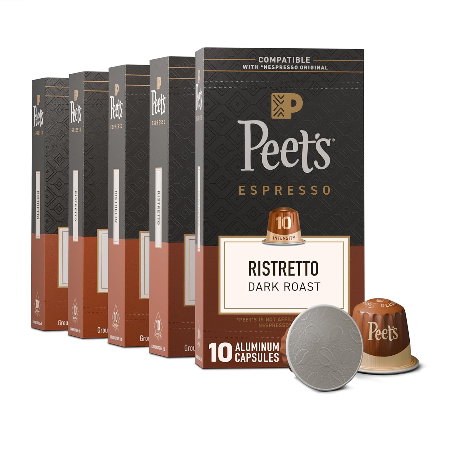 Peet's Coffee, Dark Roast Espresso Capsules, Compatible with Nespresso Original Machine, 100% Arabica Coffee - Ristretto Intensity 10, 50 Count (5 Boxes of 10 Espresso Capsules)