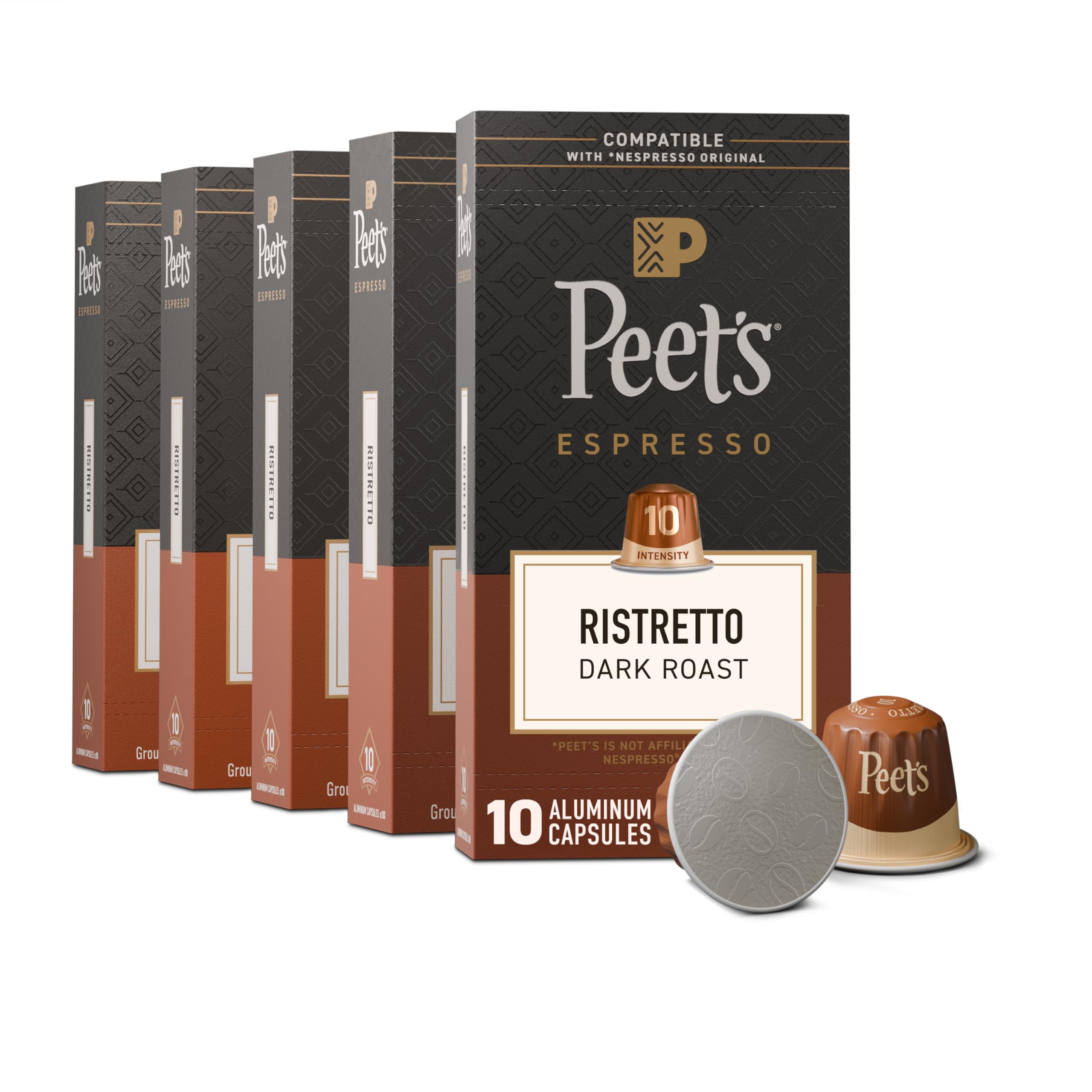Peet's Coffee, Dark Roast Espresso Capsules, Compatible with Nespresso Original Machine, 100% Arabica Coffee - Ristretto Intensity 10, 50 Count (5 Boxes of 10 Espresso Capsules)