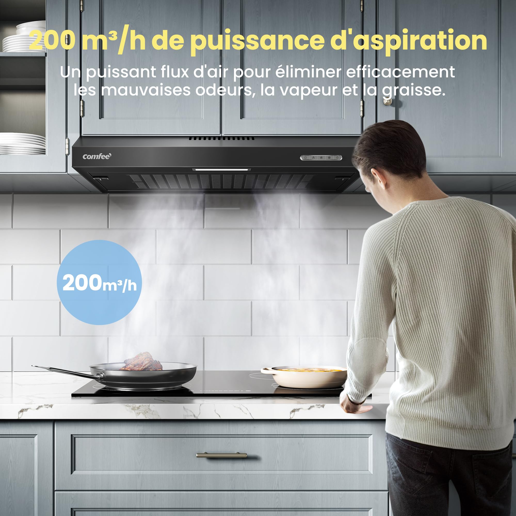 COMFEE'SLIF17B-60 LED,Hotte aspirante 60 cm, sous comptoir, 2 modes d'aspiration - 3 niveaux de vitesse - Noir - 3