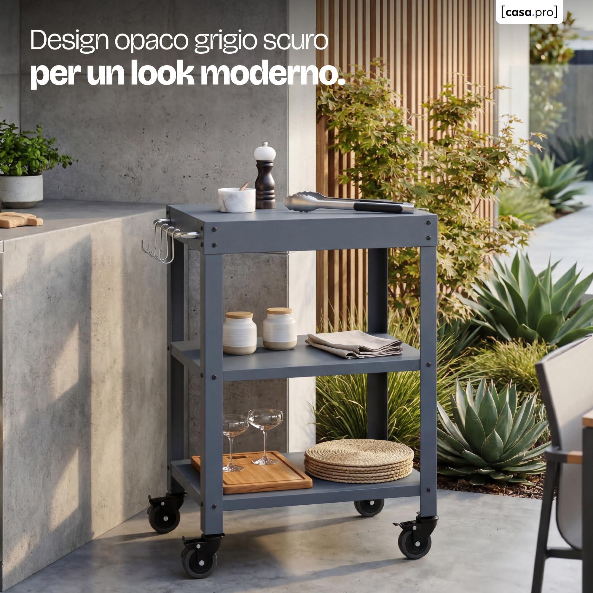casa.pro Carrello Portavivande da Giardino in Acciaio con 3 Ripiani e Ruote Carrello Portatutto Da Cucina Servizio Portata a Rotelle 81x50x50 cm - Grigio Scuro opaco