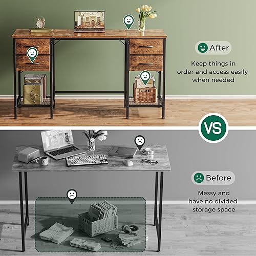 Miniatura 6 de Huuger Escritorio para computadora de 55 pulgadas con 4 cajones, escritorio de oficina con estante de malla, escritorio para juegos, gran