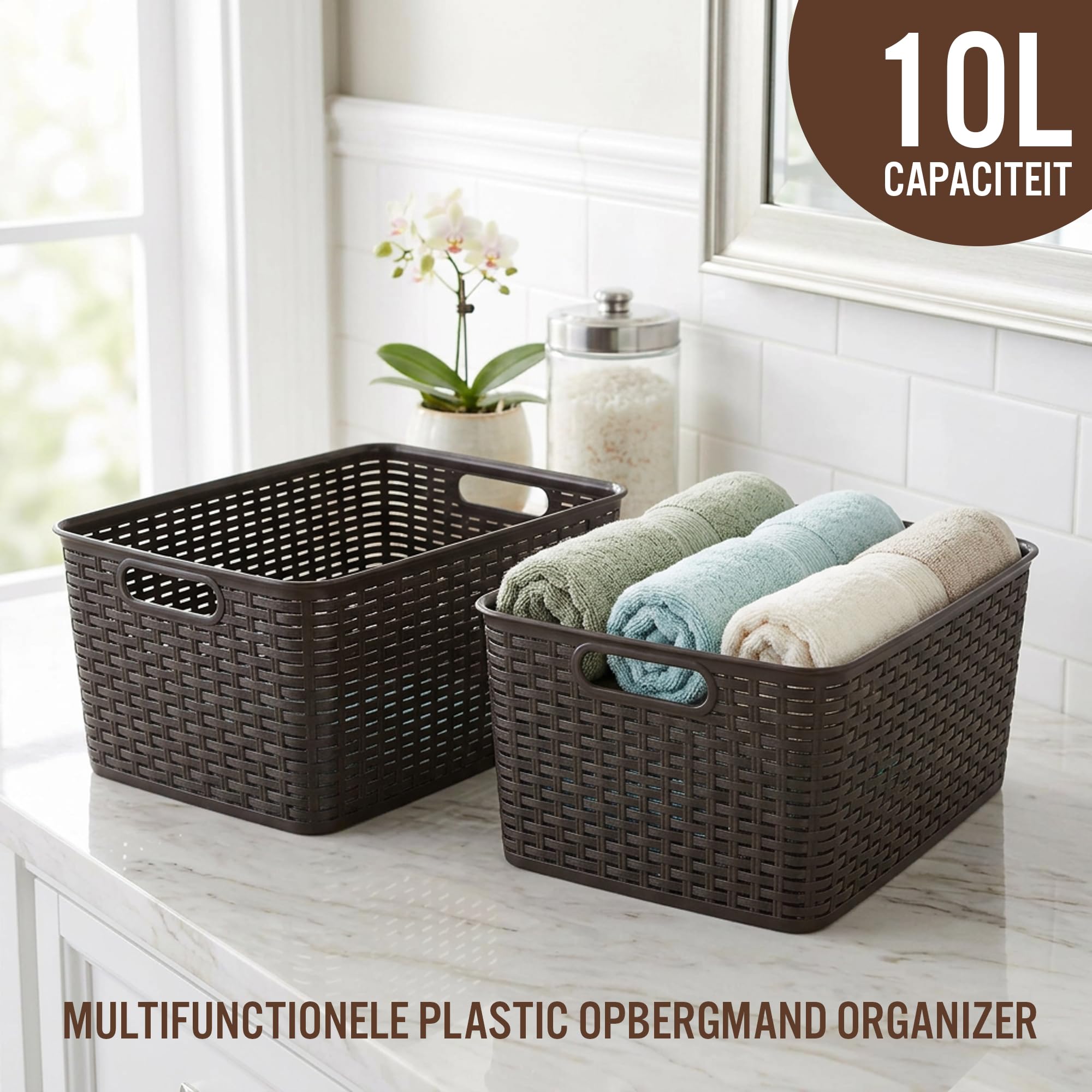 Cesta de almacenamiento 10L Set – Caja de almacenamiento de plástico – Cestas Caja de almacenamiento de caña – Armario, Armario de Cocina y Armario Organizador - 33x22x15,5 cm - Marrón