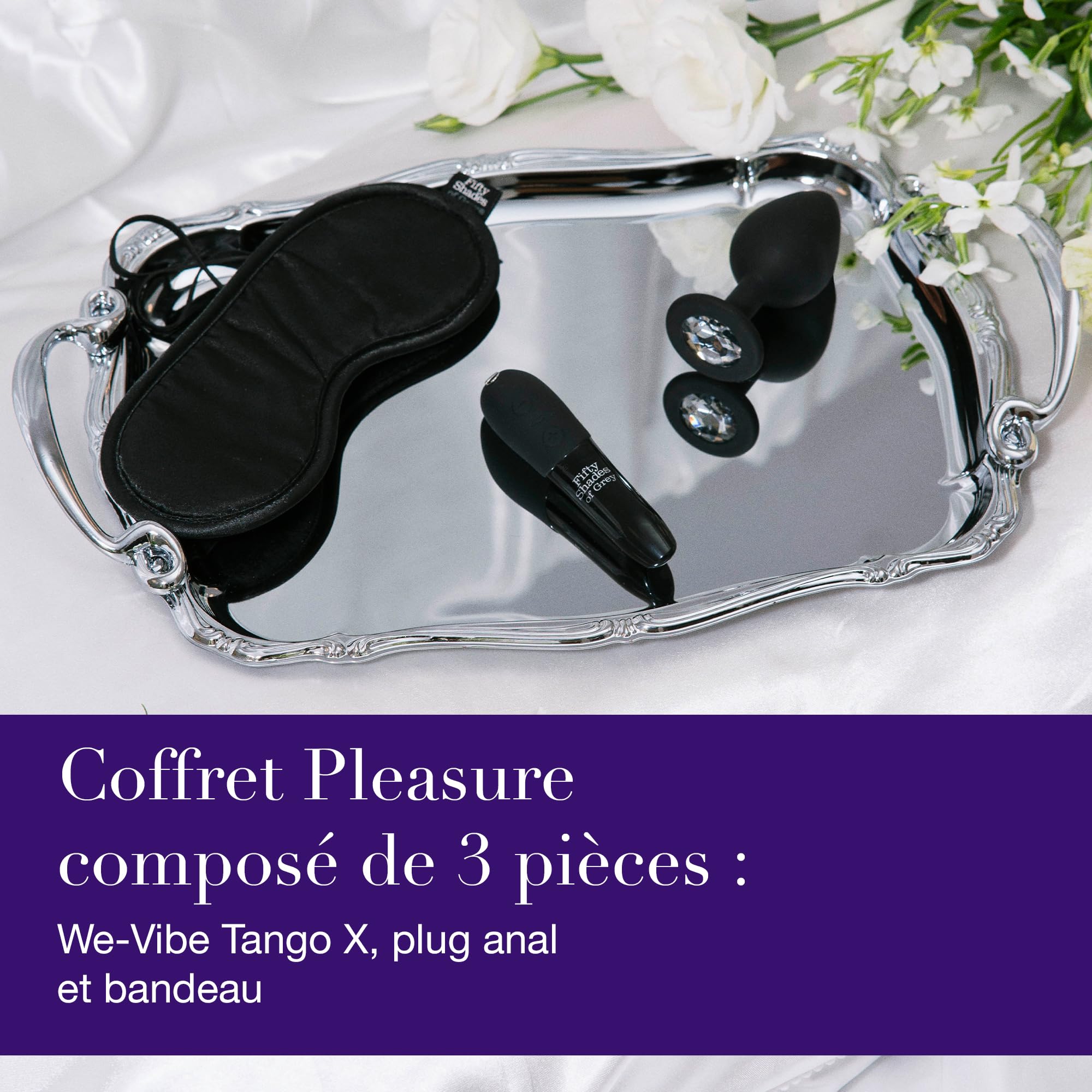 Fifty Shades of Grey Coffret Come to Bed pour Couples – Coffret pour Adultes avec Vibromasseur Bullet Clitoridien, Plug Anal Orné de Cristaux et Bandeau en Satin – Vibromasseur Bullet à 8 Vitesses