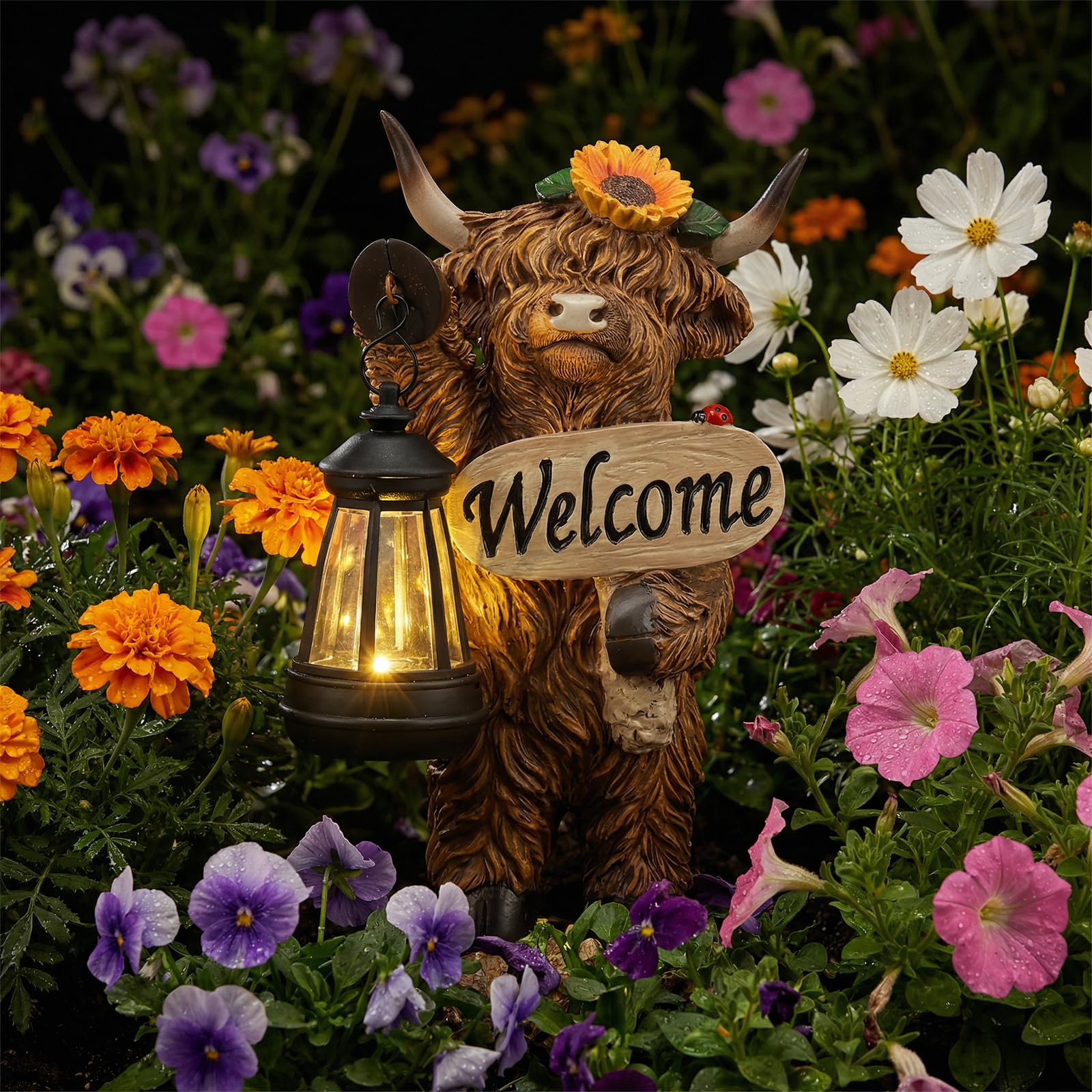 Qinglang Women's Style 1 Highland Cow Garden Ornaments Outdoor Resin Statue With Solar Lantern And Welcome Sign Garden Lights Ornaments For Yard Lawn Porch Balcony Home Decor - Gardening Gifts For Mum(Style 1)