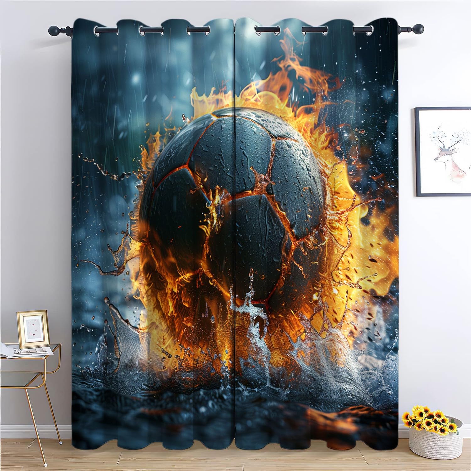 Srigzcaly Football Sports Flame Blackout Curtains, Multicolor Thermal Insulated Noise Reducing Eyelet Drapes for Bedroom Living Room - 2 Panels, Total 72" W x 84" L (183x214cm)