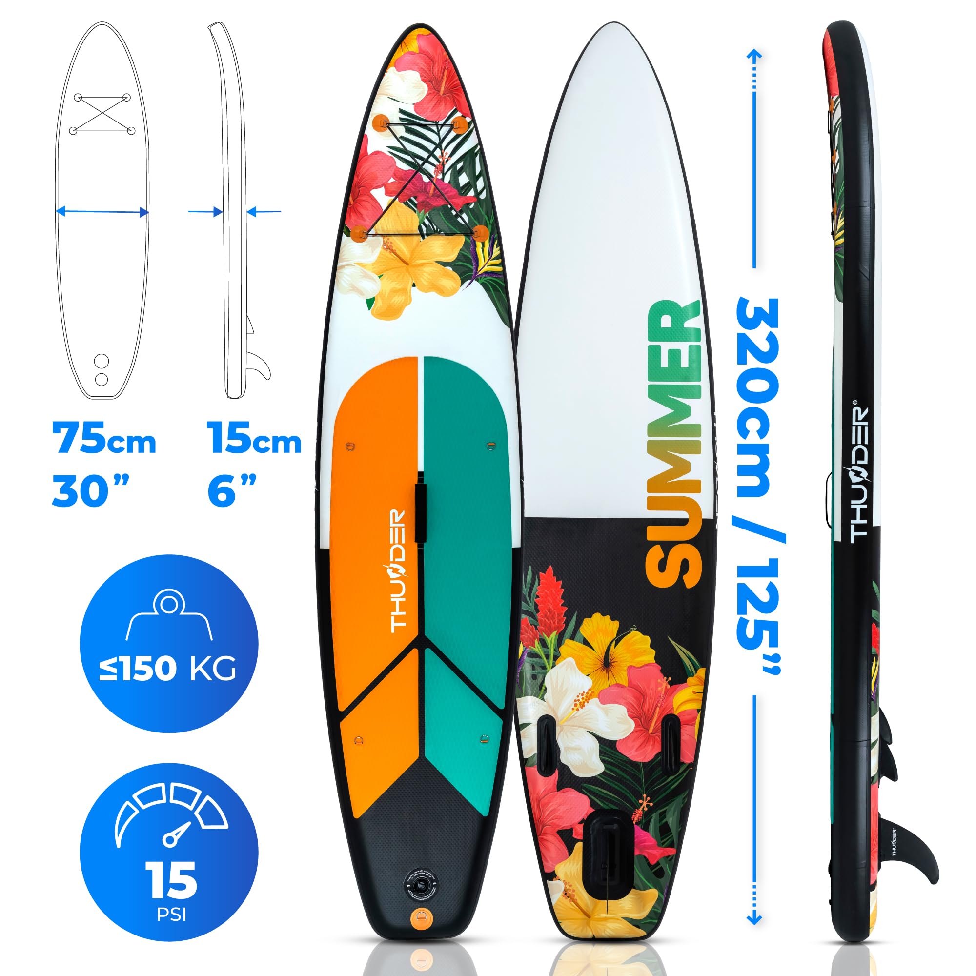 THUNDER Planche Sup Gonflable 320 cm avec Siège Kayak – Stand Up Paddle Board Set avec Pompe, Pagaie & Sac à Dos – Antidérapant pour Adultes & Débutants