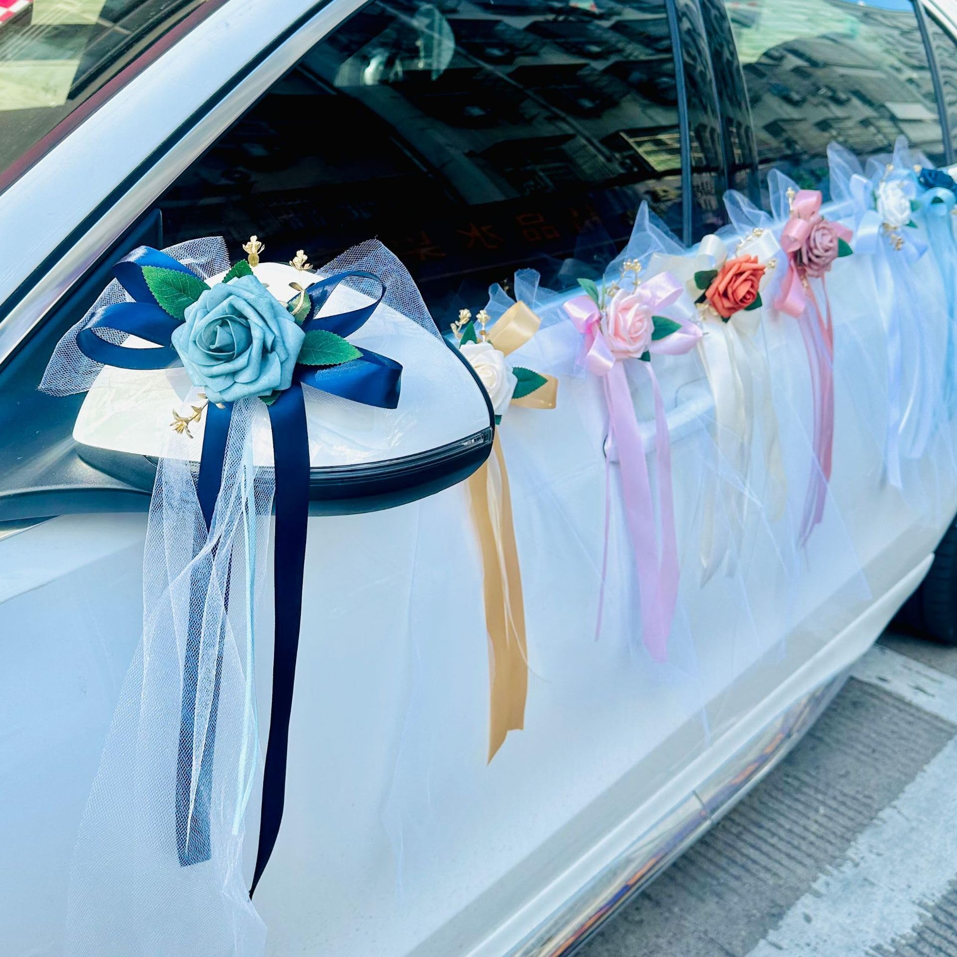 Autoschleifen Blume Hochzeit Seidenblume Band mit Tüll für Hochzeitsauto Autoschmuck Schleife Türgriffleiste Rückspiegel Hochzeit Wedding Car Tüll-Blumenschmuck Blumeschleifen AutoOrange20pcs