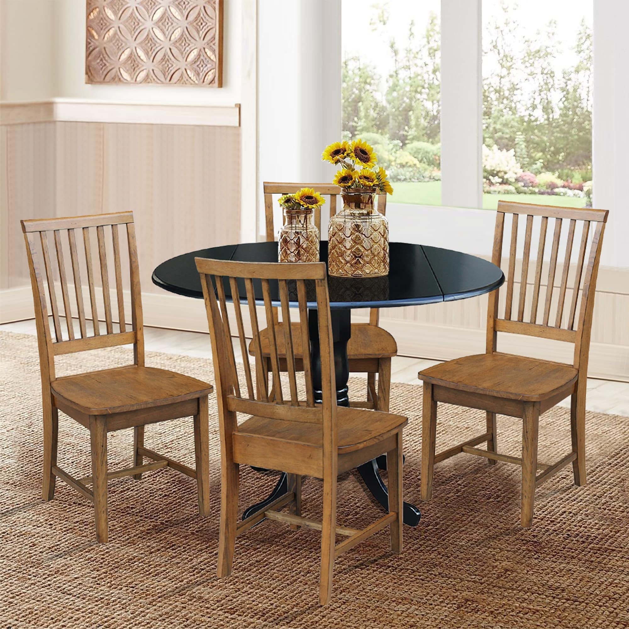 42 in. Drop Leaf Table with 4 Slat Back Dining Chairs 5 Piece Set Multi Color Traditional Round Rubberwood Black Finish Stained Solid Wood