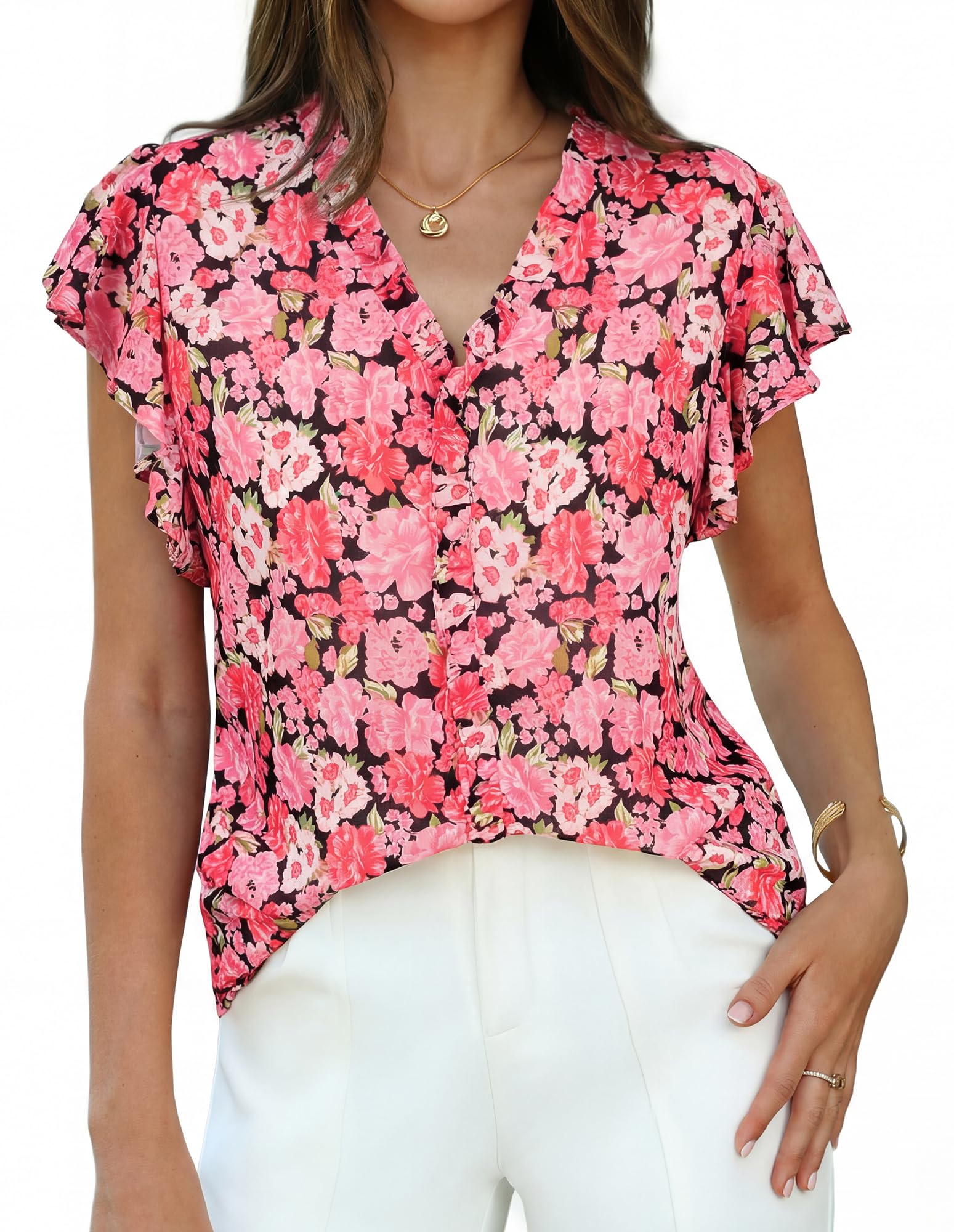 GRACE KARIN 2026 Boho Tops for Women Dressy Casual,Ruffle Sleeve Chiffon Blouses,V Neck Summer Fashion Clothes Pink Rose XL