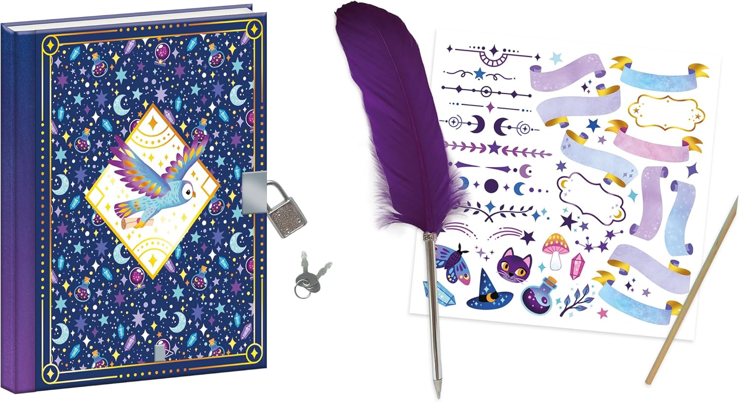 Janod - Magic School - Secret Notebook - Children’s Private Journal - Arts & Crafts Kit - Spell Book with Feather-Shaped Pen - Magic Universe - Craft Activity for Ages 3 +, J09110