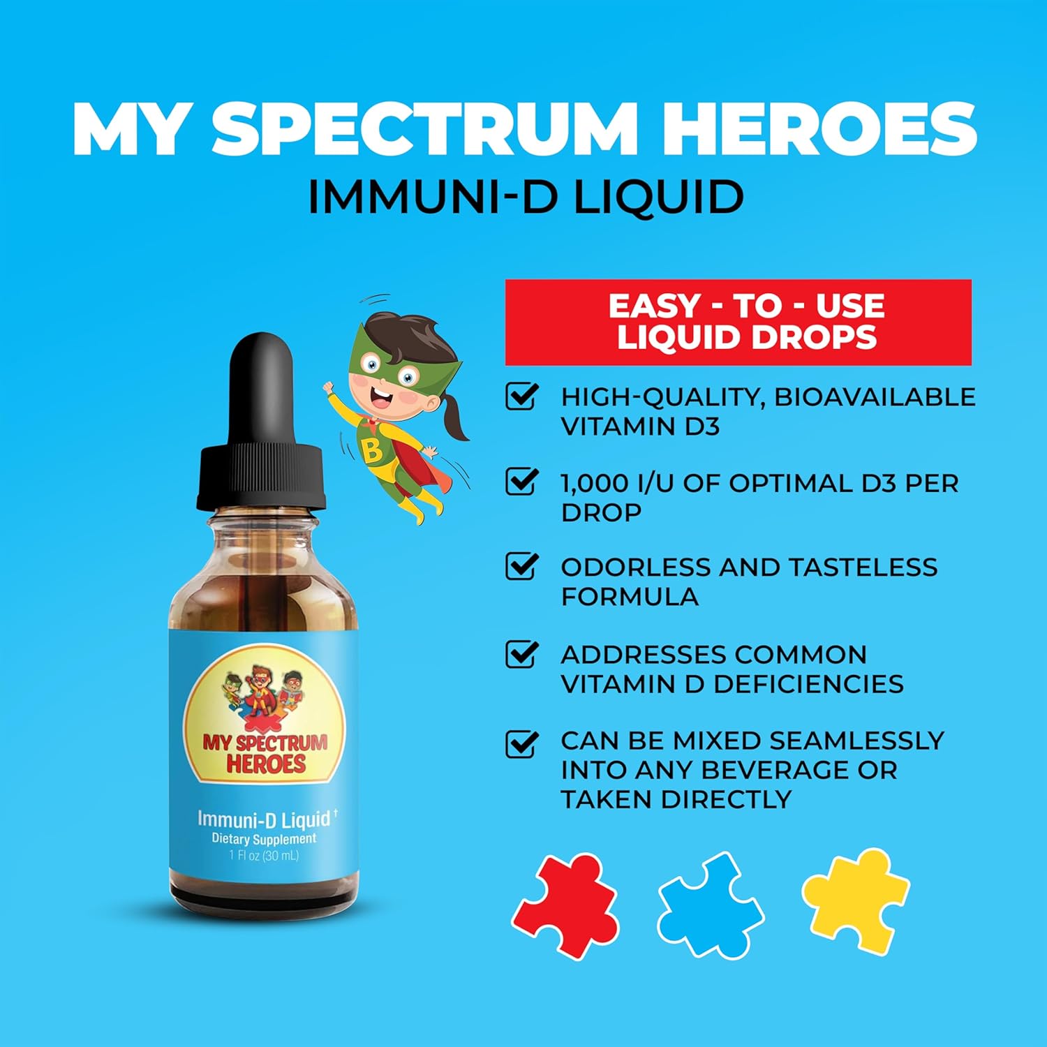 My Spectrum Heroes - Immuni-D Liquid Vitamin D3 Supplement, 1000 IU Per Serving, Gluten-Free, Tasteless Vitamin Liquid, Aids in Mineral Absorption for Kids & Adult - 1 FI oz (30 mL)
