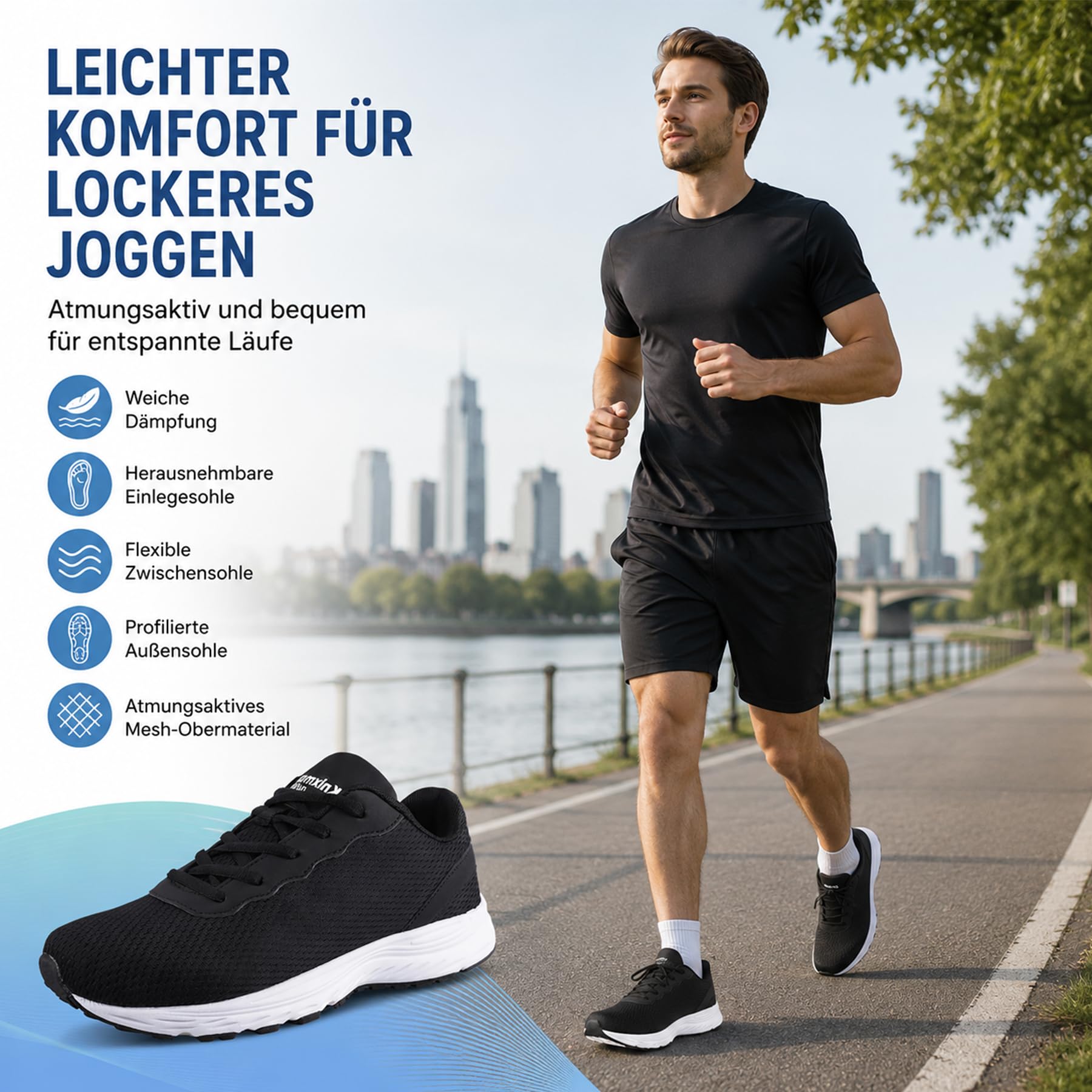 Zapatillas de correr para hombre y mujer, extraanchas, zapatillas de deporte anchas, ligeras y transpirables, cómodas zapatillas de fitness EU36-48, Negro , 44 EU Ancho
