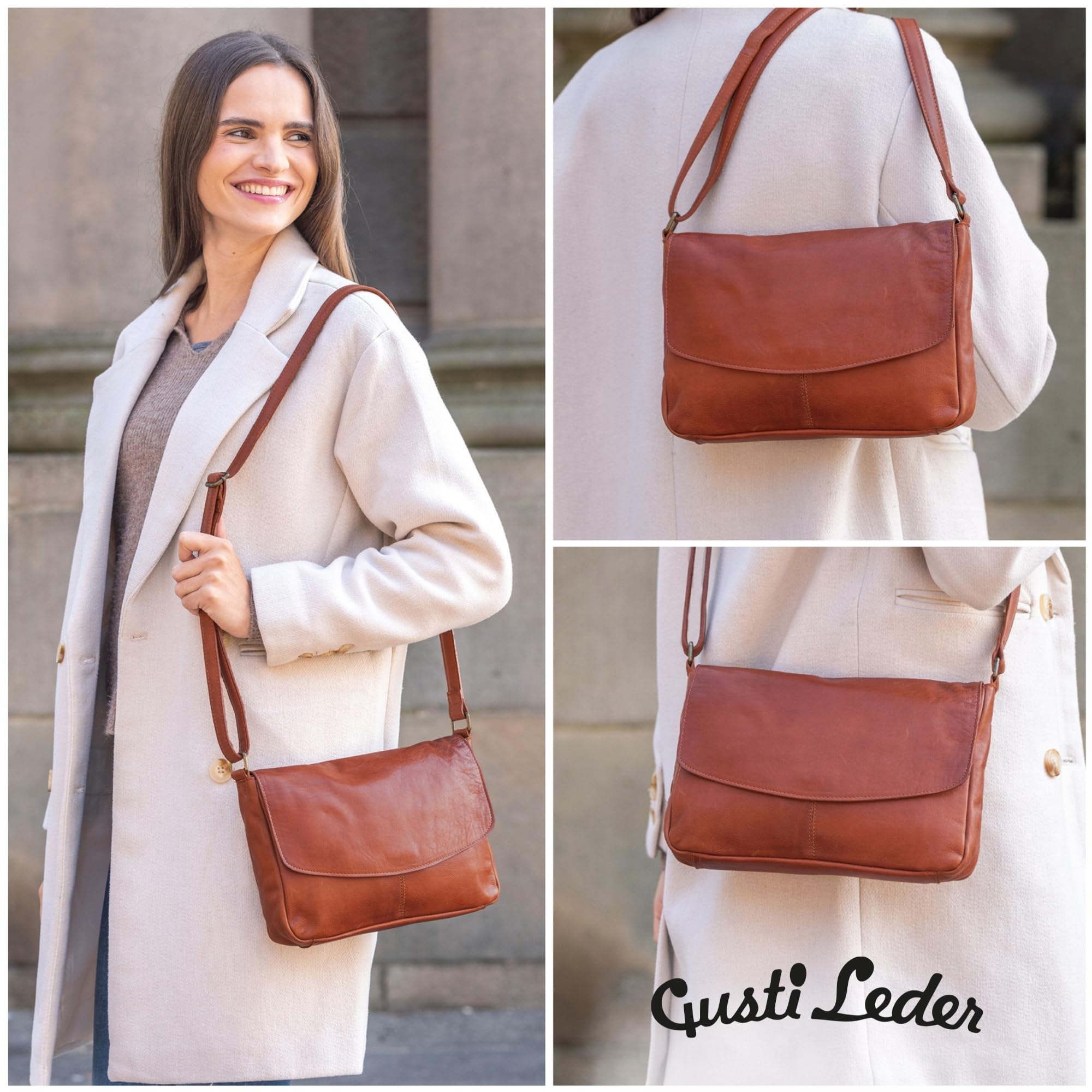 Gusti Leder Umhängetasche Damen - Maisie – Kleine Ledertasche Damen aus Echtleder - Vintage Umhängetasche Leder mit Reißverschluss & Gurt