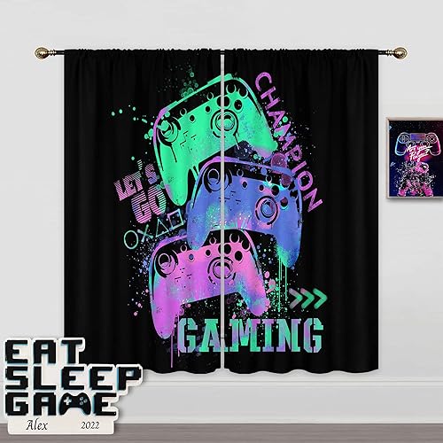 Mitpok Cortinas gamer para dormitorio de niños, decoración de pared de videojuegos, cortinas de videojuegos para niños, cortinas de neón para