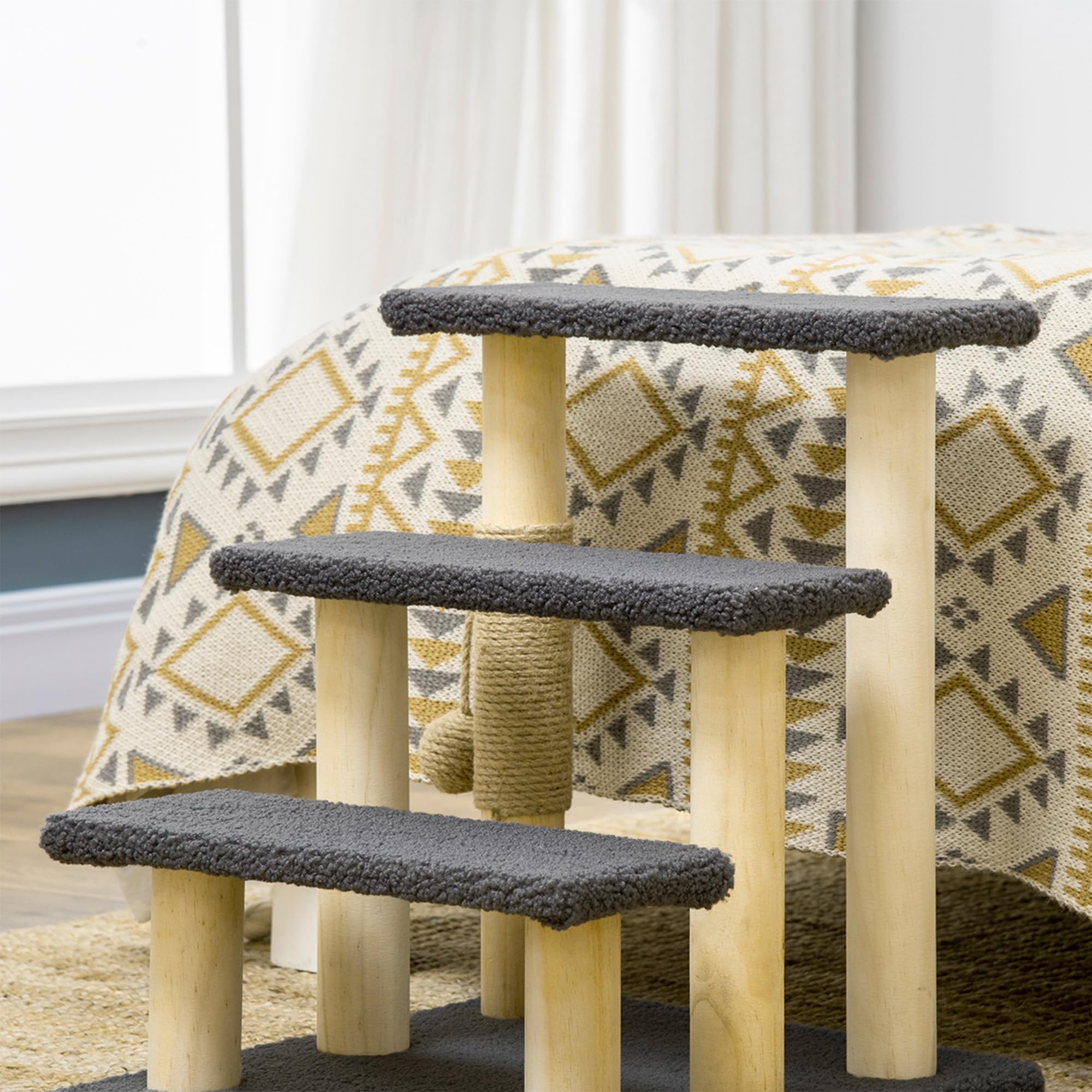 PawHut Katzentreppe 3-stufige Tiertreppe, 48 cm Haustiertreppe mit Sisalsäule, Hundetreppe mit Spielball, Einstieghilfe für hohe Betten, Kiefernholz, Grau+Natur