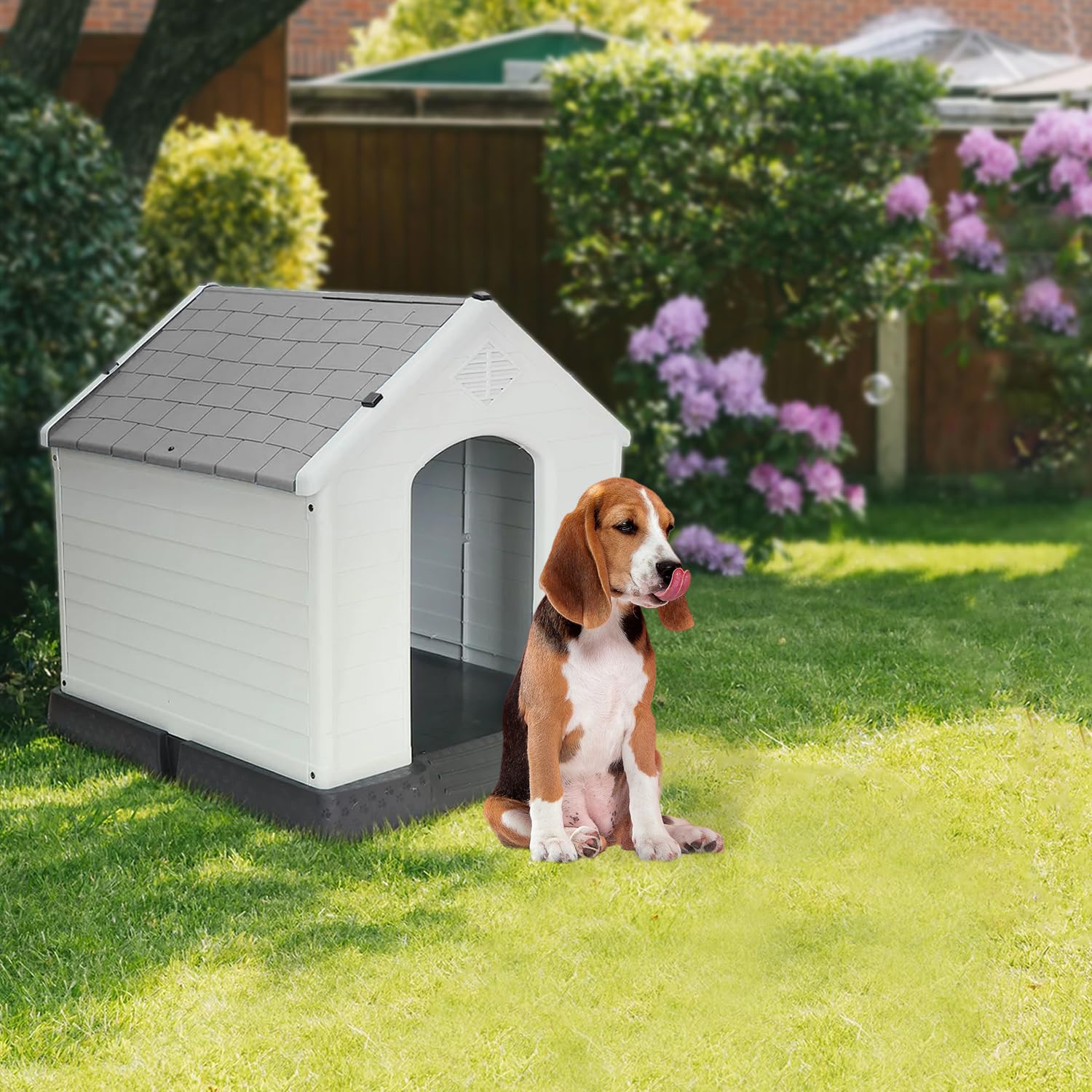 Aqpet Cuccia per Cani in Plastica per Esterno Interno Casa Giardino, Impermeabile con Pavimento Rialzato, per Cani Taglia Media 87 x 78 x 81 H, Grigio