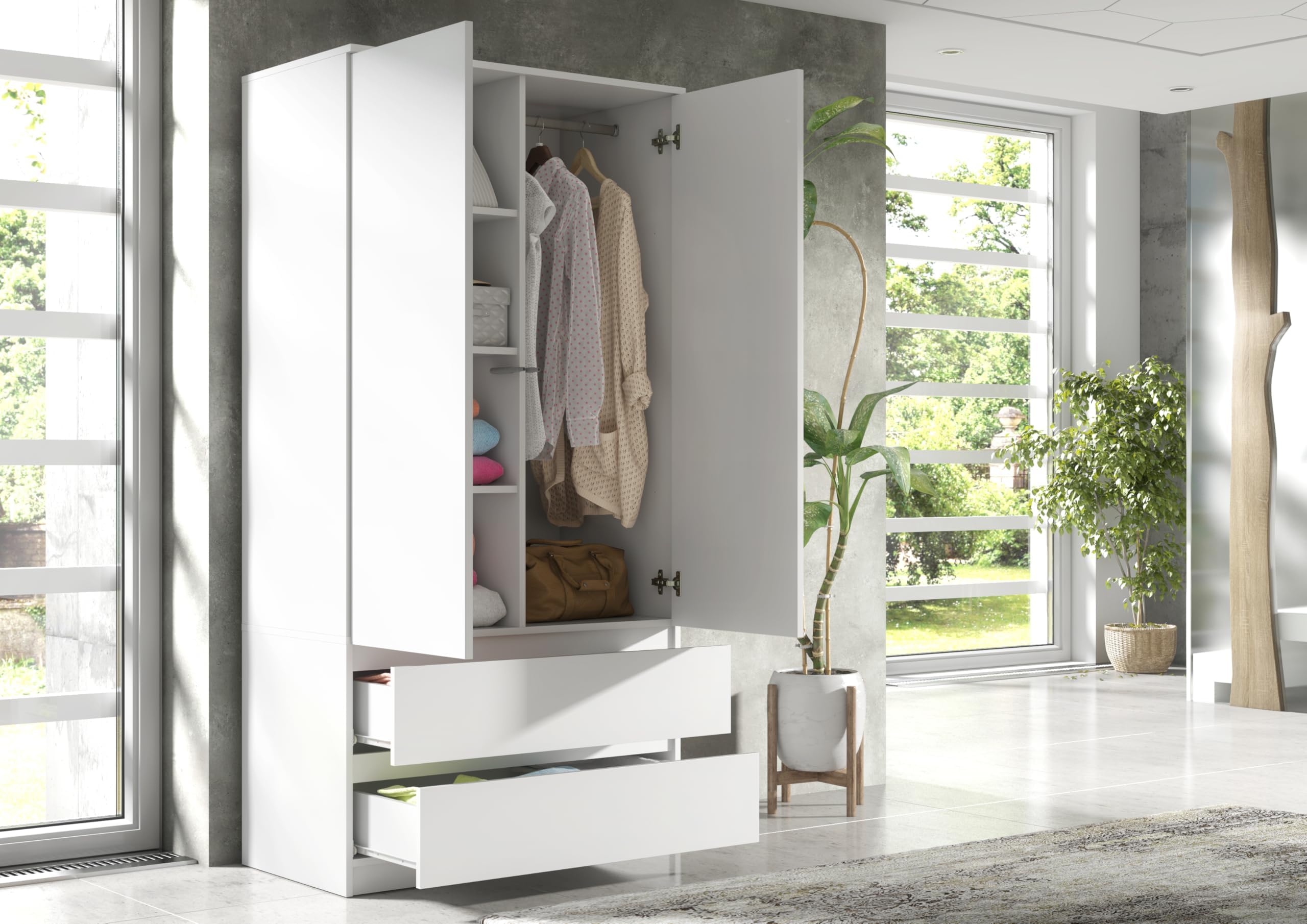 meble masztalerz Armoire Chambre avec 2 Tiroirs Largeur 90 cm - Penderie Vetement Dressing - Dressing Chambre Adulte - Meuble de Rangement Chambre - Blanc - 180x90x50 cm