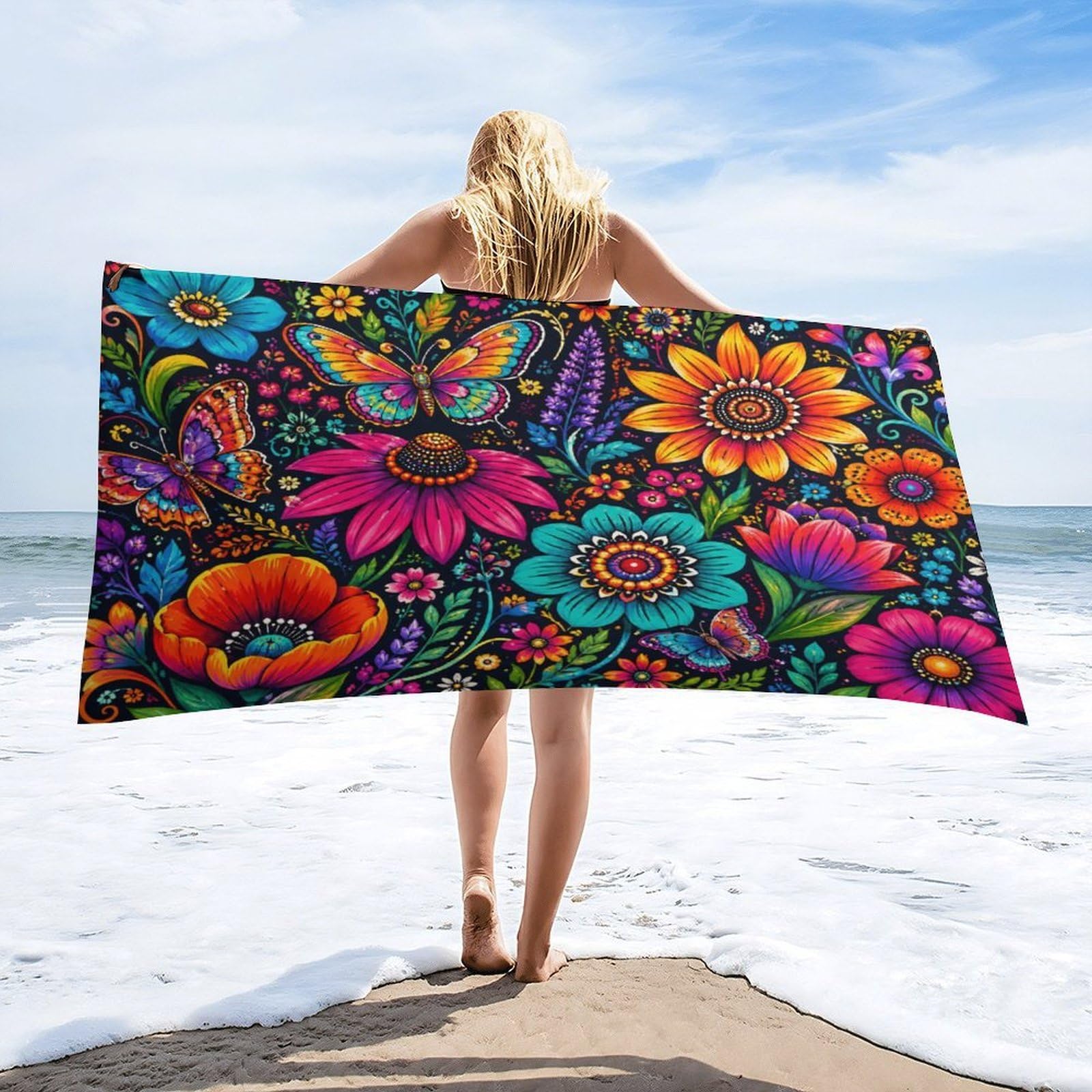 Anceky Colorful Floral Butterfly Beach Towel 32"×63",Soft Microfiber Bath Towel Shawl, Quick Dry Absorbent Pool Spa Gym Shower Towel