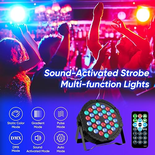 Miniatura 10 de Luces LED para escenario DJ Par, 36 luces RGB para fiesta con control remoto activado por sonido, 7 modos de iluminación estroboscópica para